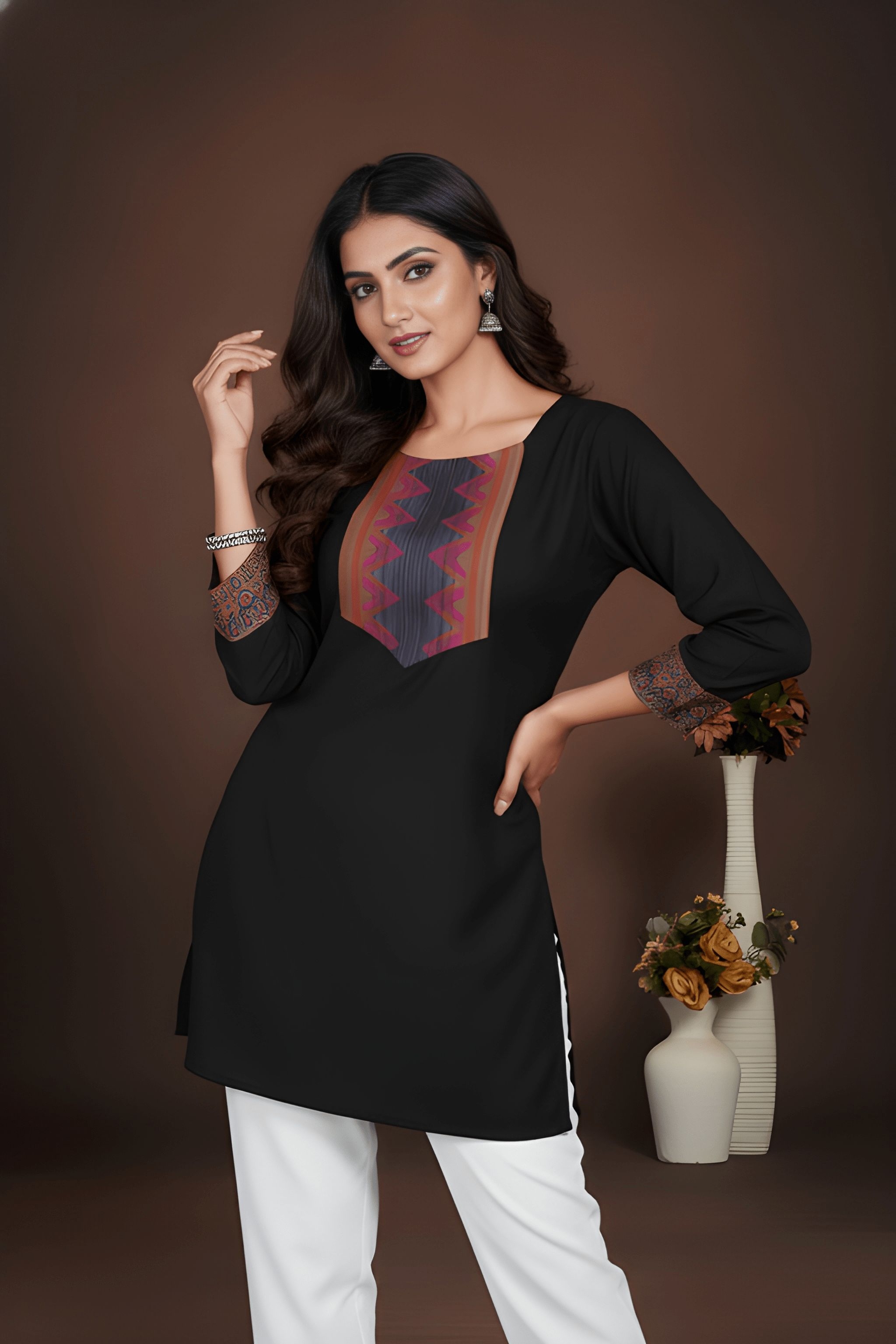 Black Geometric Lace Work Cotton Tunic Top