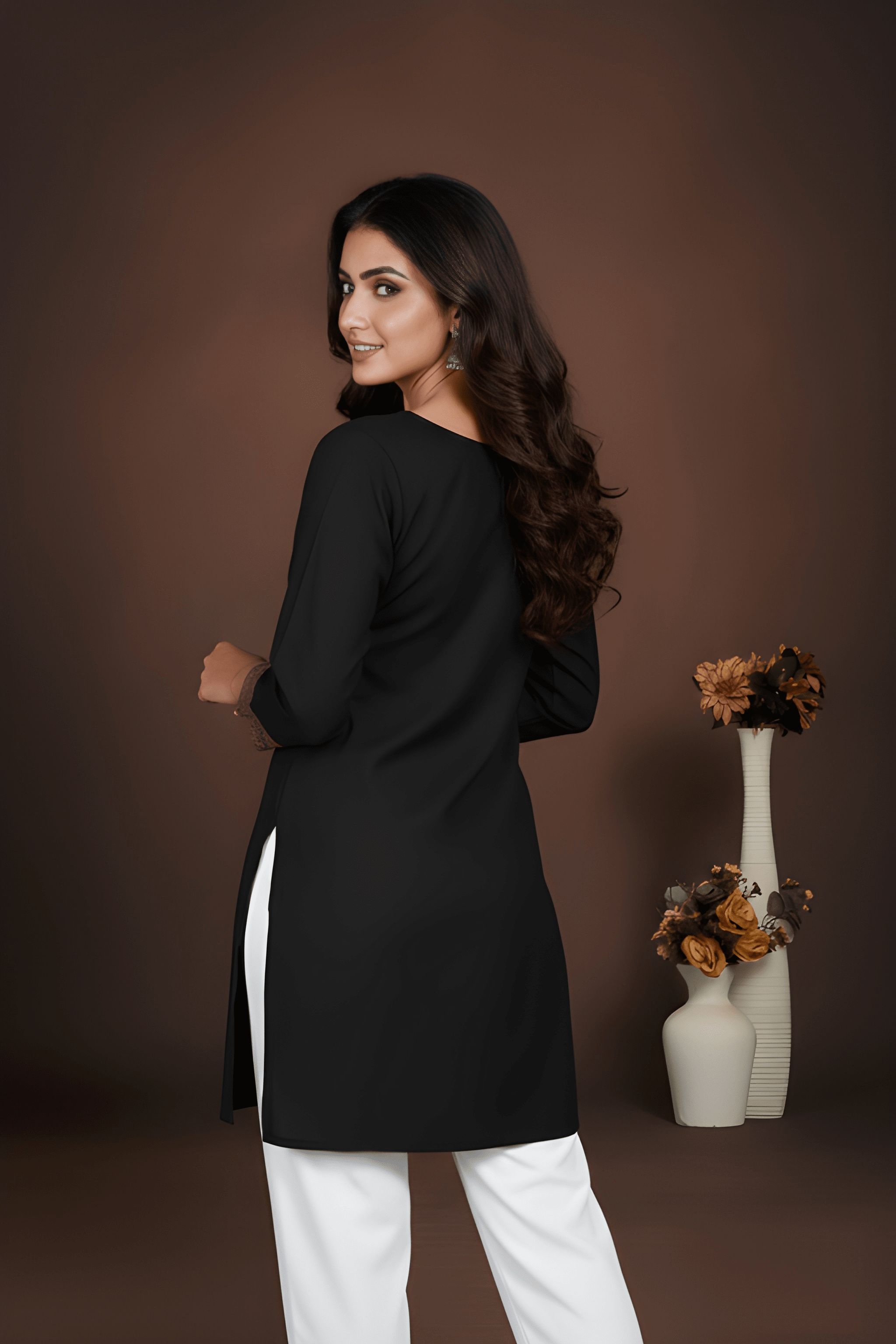 Black Geometric Lace Work Cotton Tunic Top — alternate view