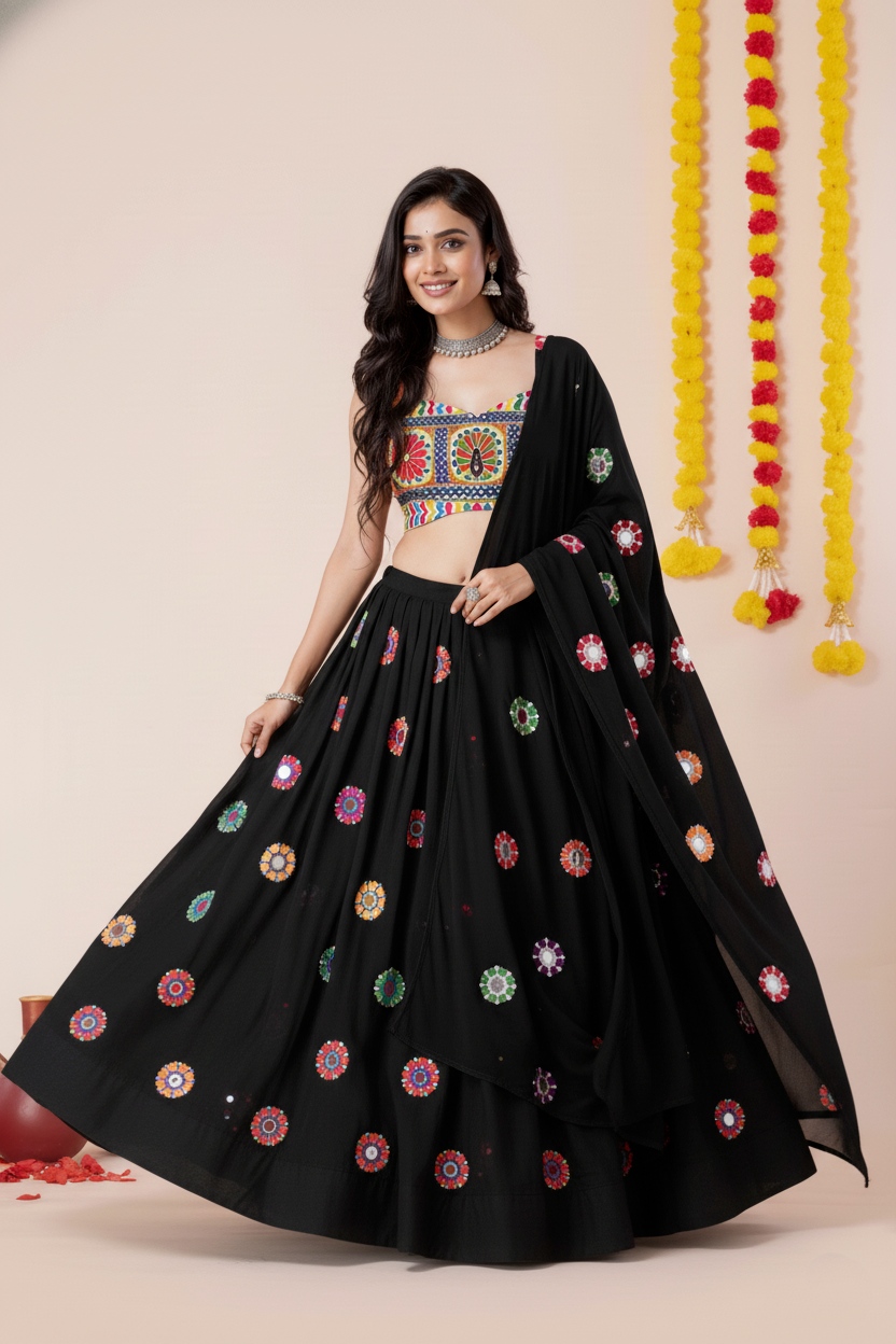 Black Geometric Mirror Embroidery Rayon Umbrella Lehenga Choli