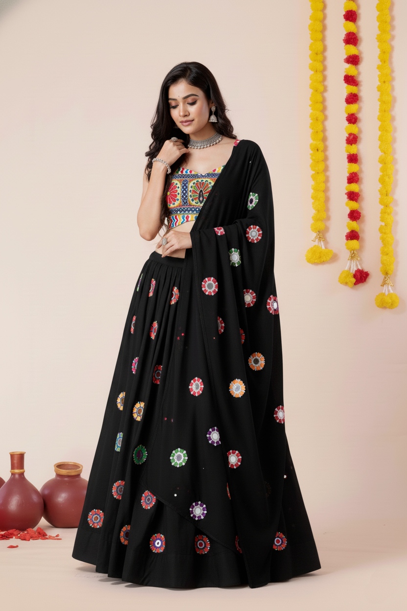 Black Geometric Mirror Embroidery Rayon Umbrella Lehenga Choli