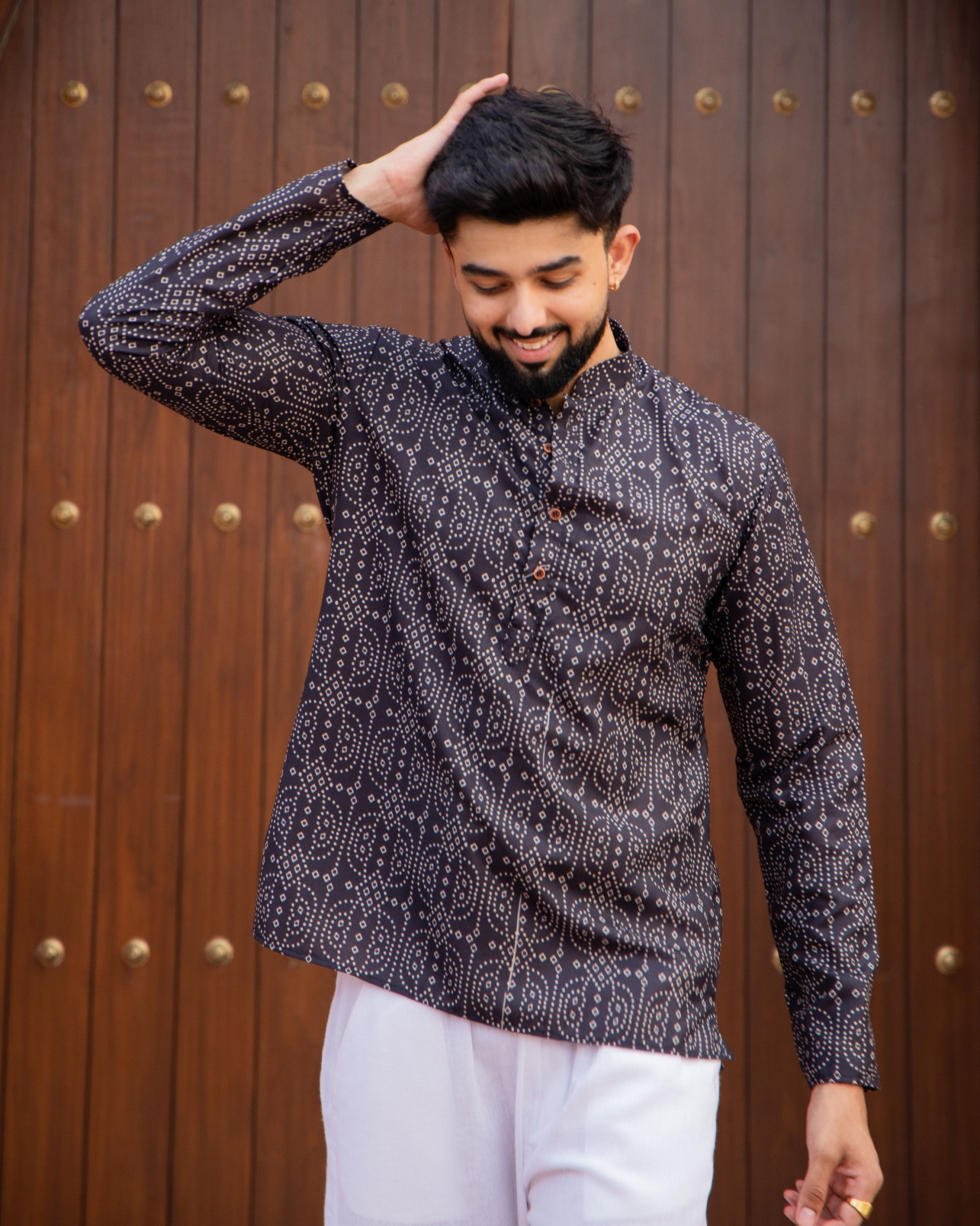 Black Geometric Motif Printed Swiss Linen Short Kurta