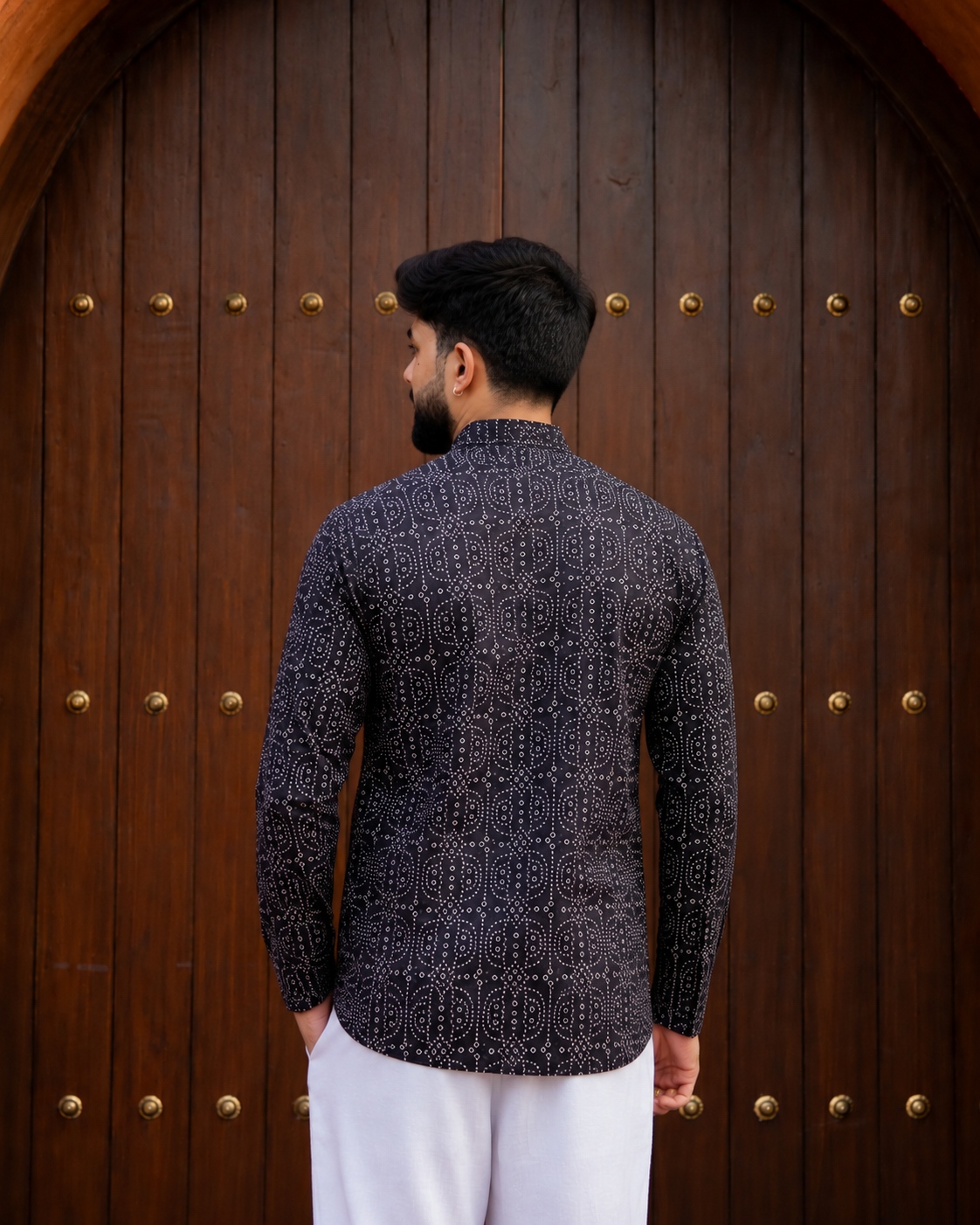 Black Geometric Motif Printed Swiss Linen Short Kurta — alternate view