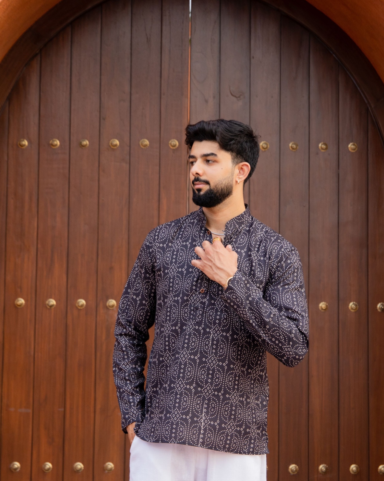 Black Geometric Motif Printed Swiss Linen Short Kurta
