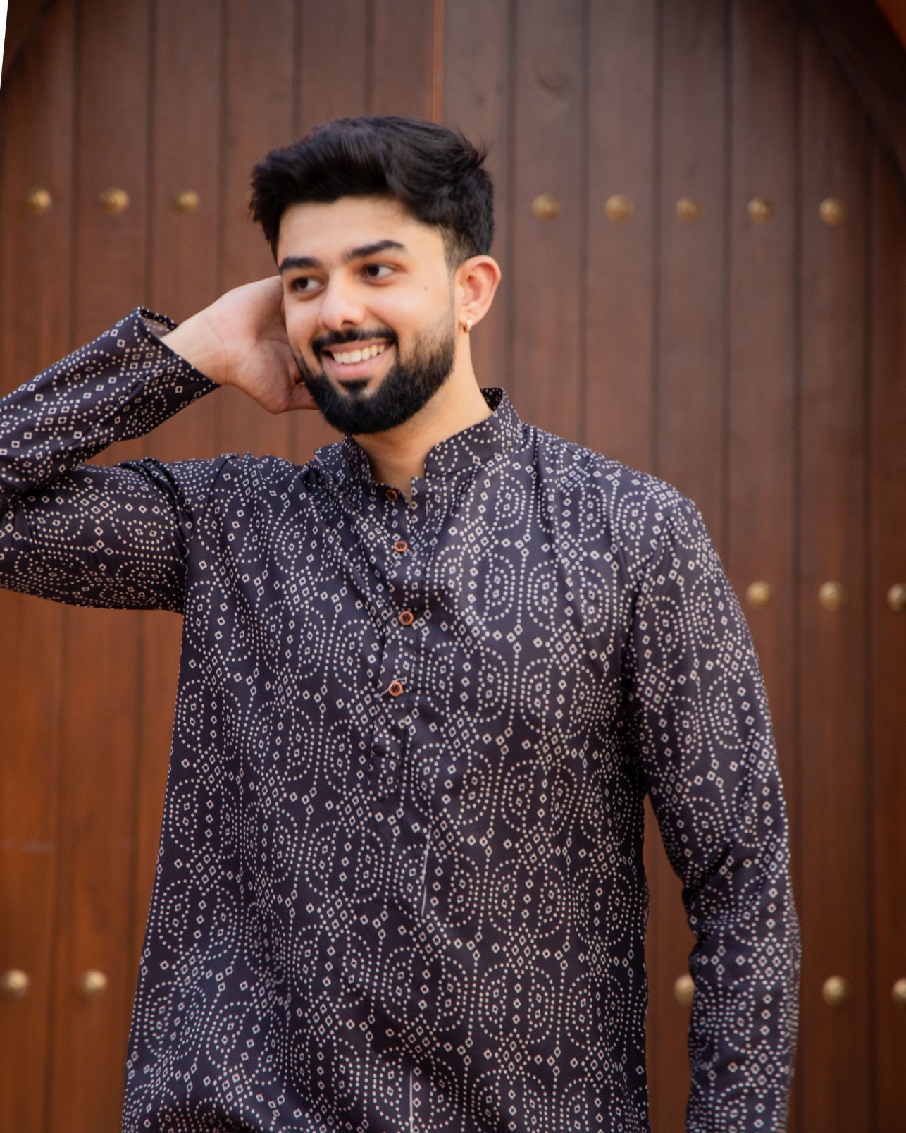 Black Geometric Motif Printed Swiss Linen Short Kurta
