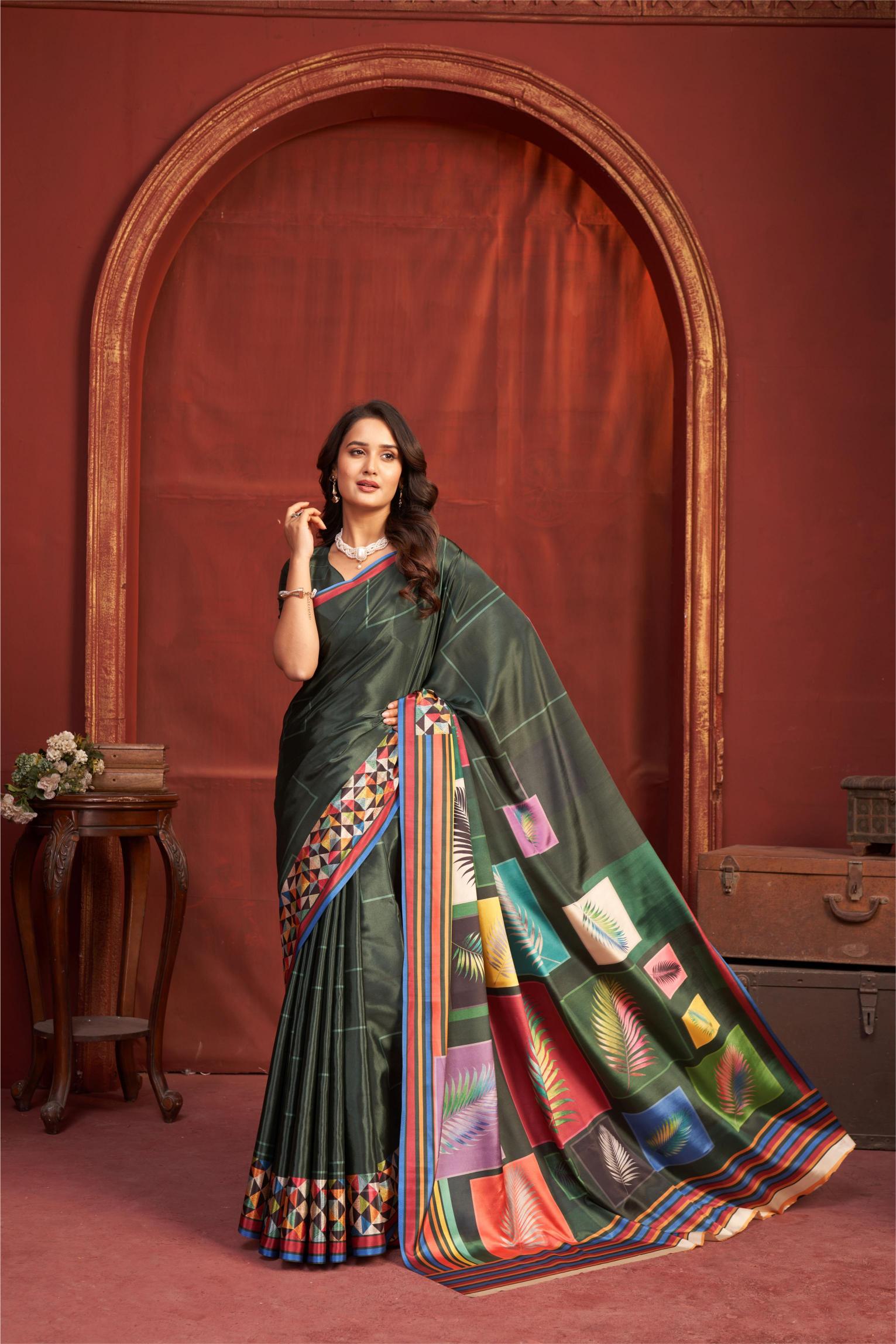 Black Geometric Printed Malai Crepe Silk Saree