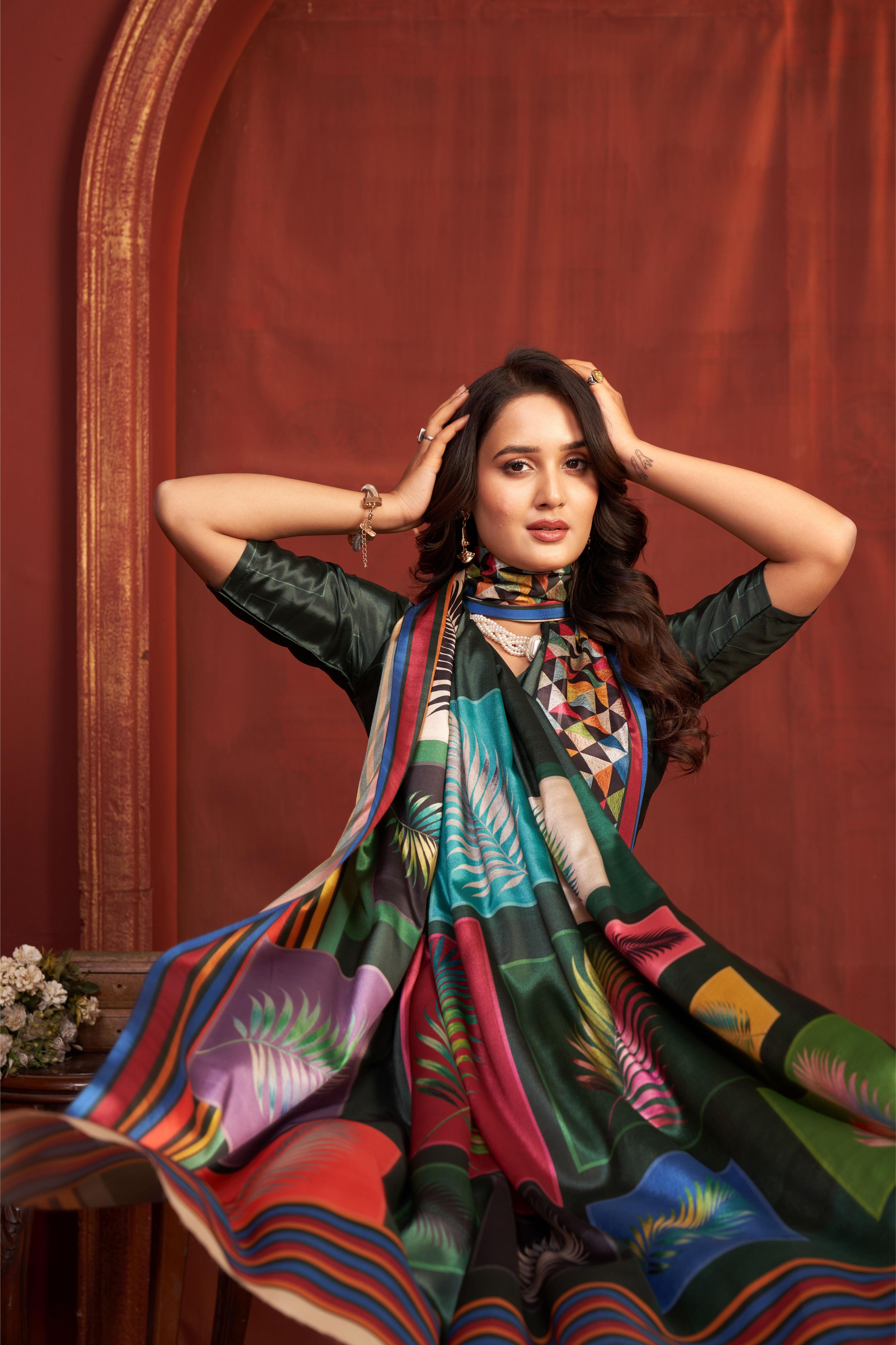 Black Geometric Printed Malai Crepe Silk Saree