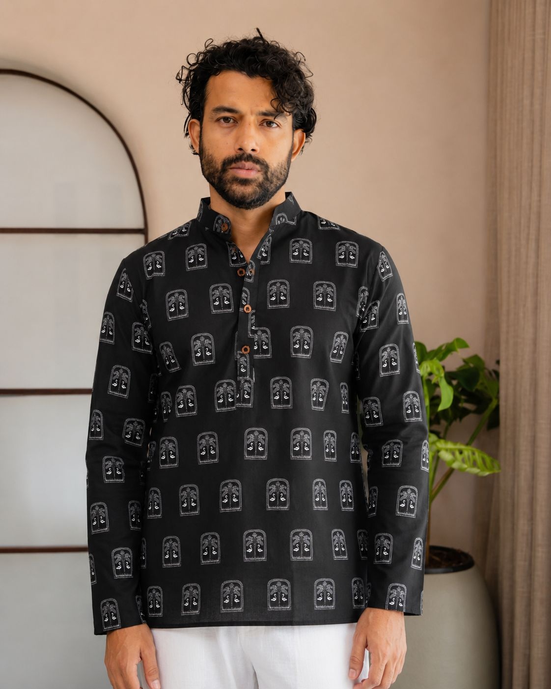 Black Geometric Printed Swiss Linen Short Kurta