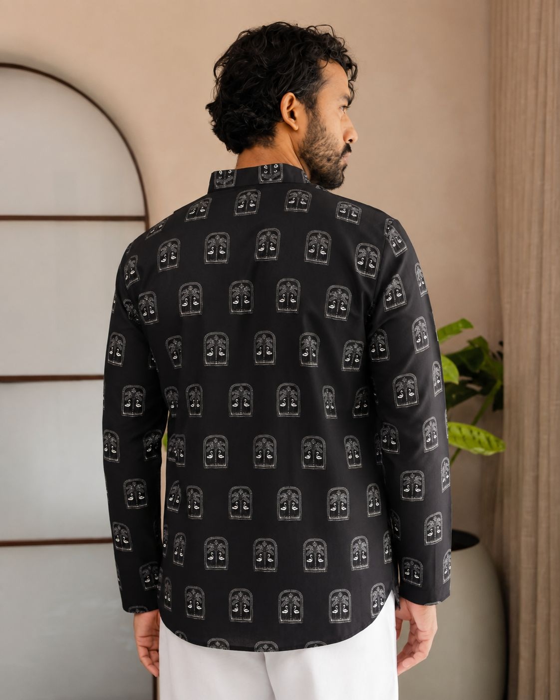 Black Geometric Printed Swiss Linen Short Kurta — alternate view