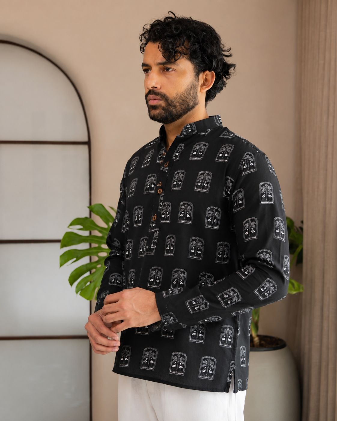 Black Geometric Printed Swiss Linen Short Kurta