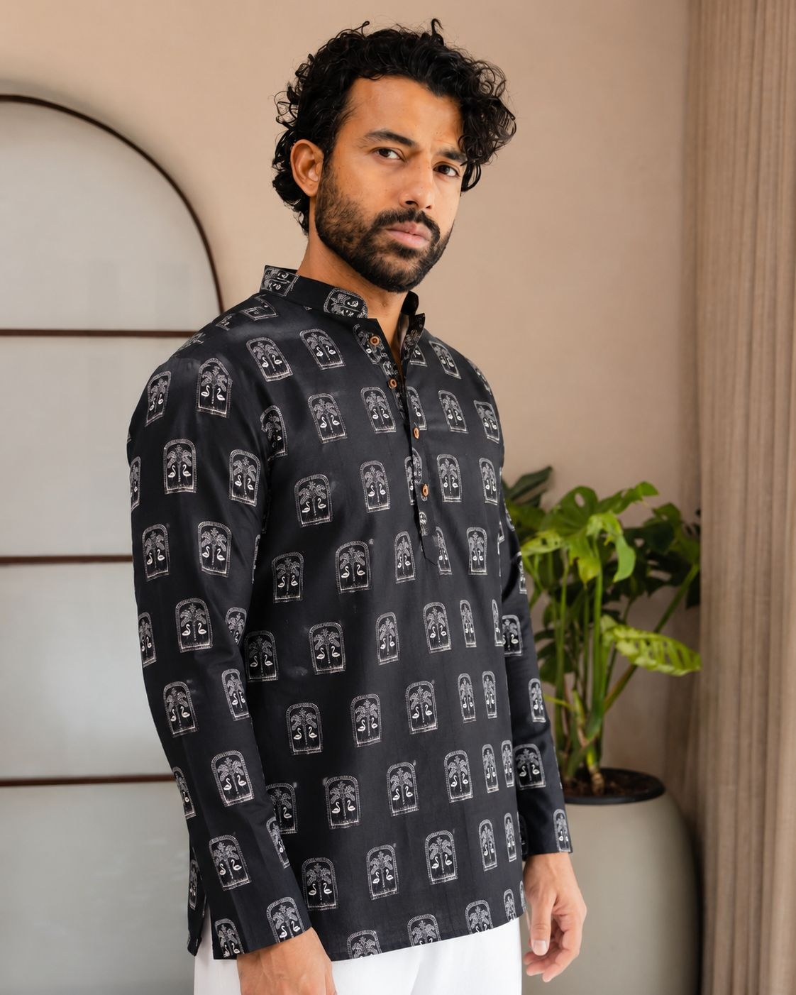 Black Geometric Printed Swiss Linen Short Kurta