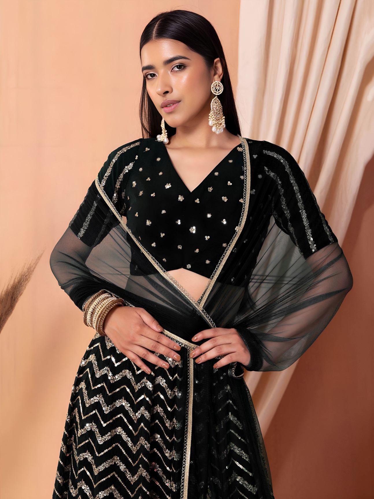Black Geometric Sequins Zari Georgette Lehenga Choli