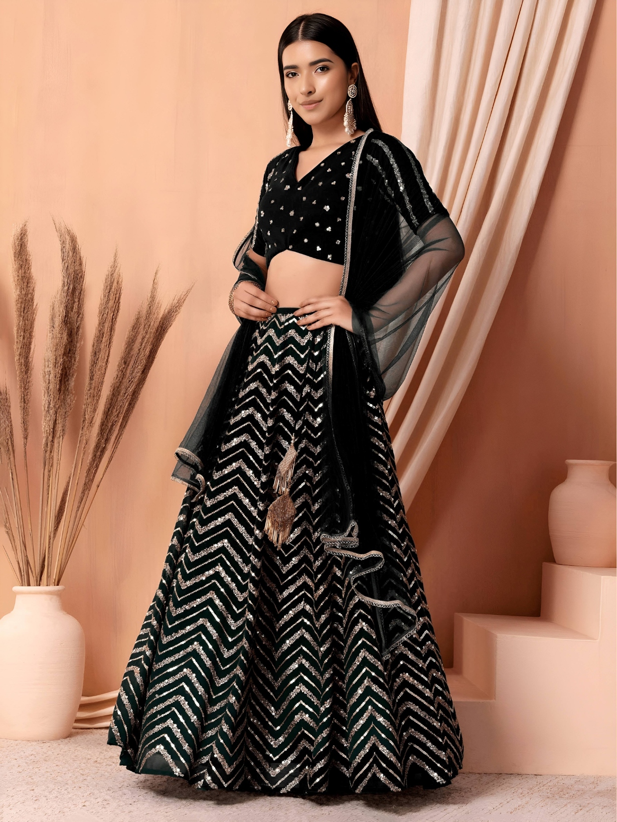 Black Geometric Sequins Zari Georgette Lehenga Choli
