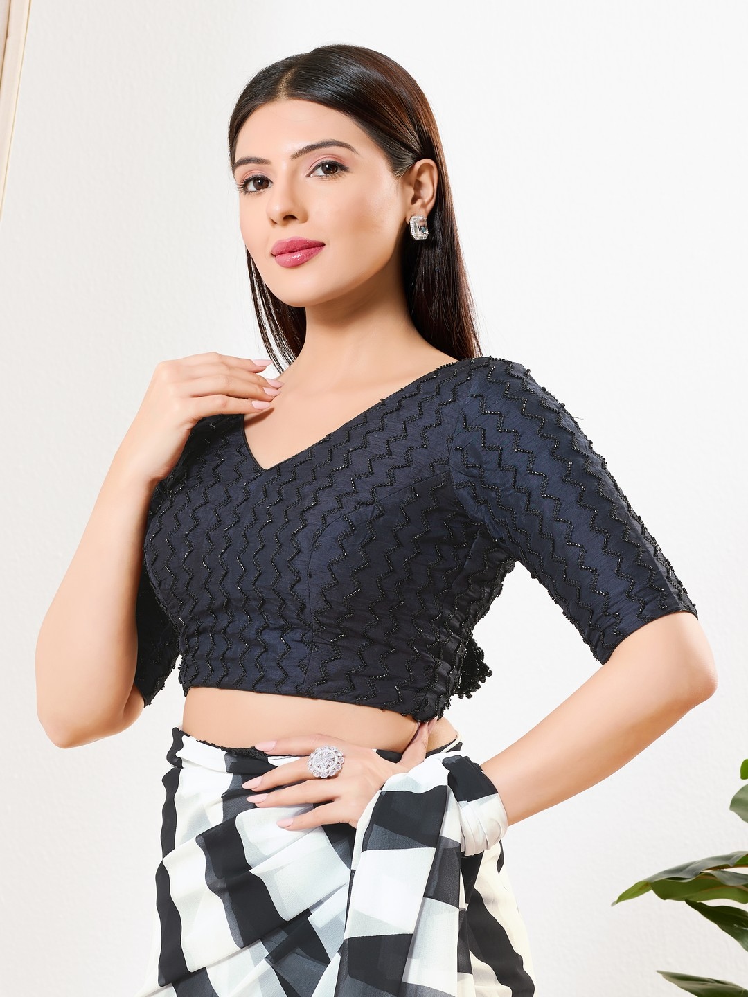 Black Geometric Thread Jain Silk Designer Blouse
