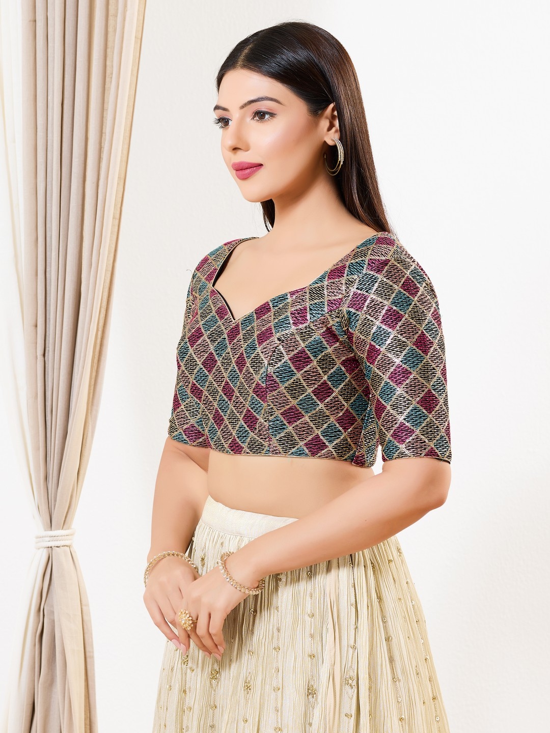 Black Geometric Thread Net Designer Blouse