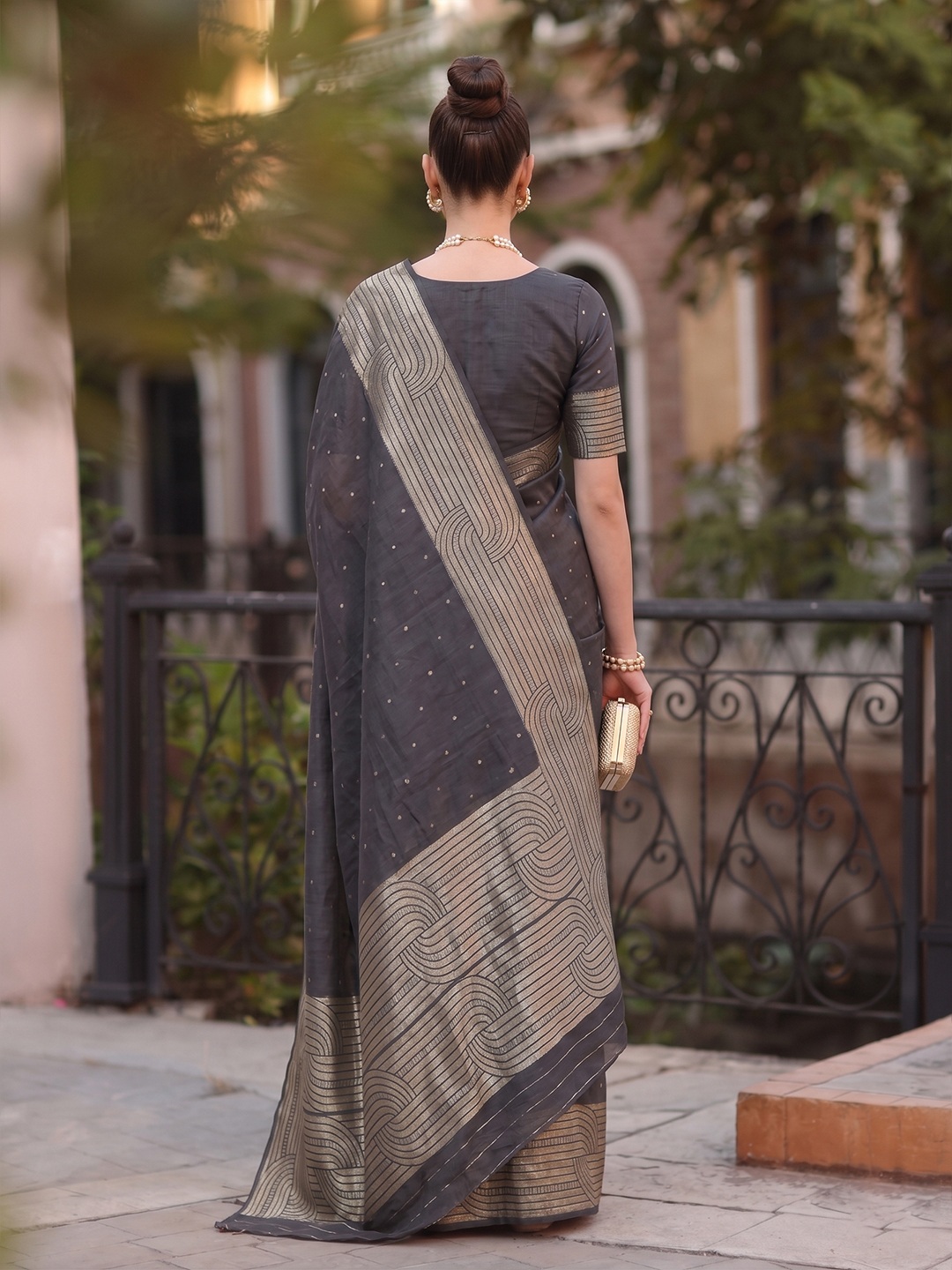 Black Geometric Woven Cotton Blend Saree — alternate view