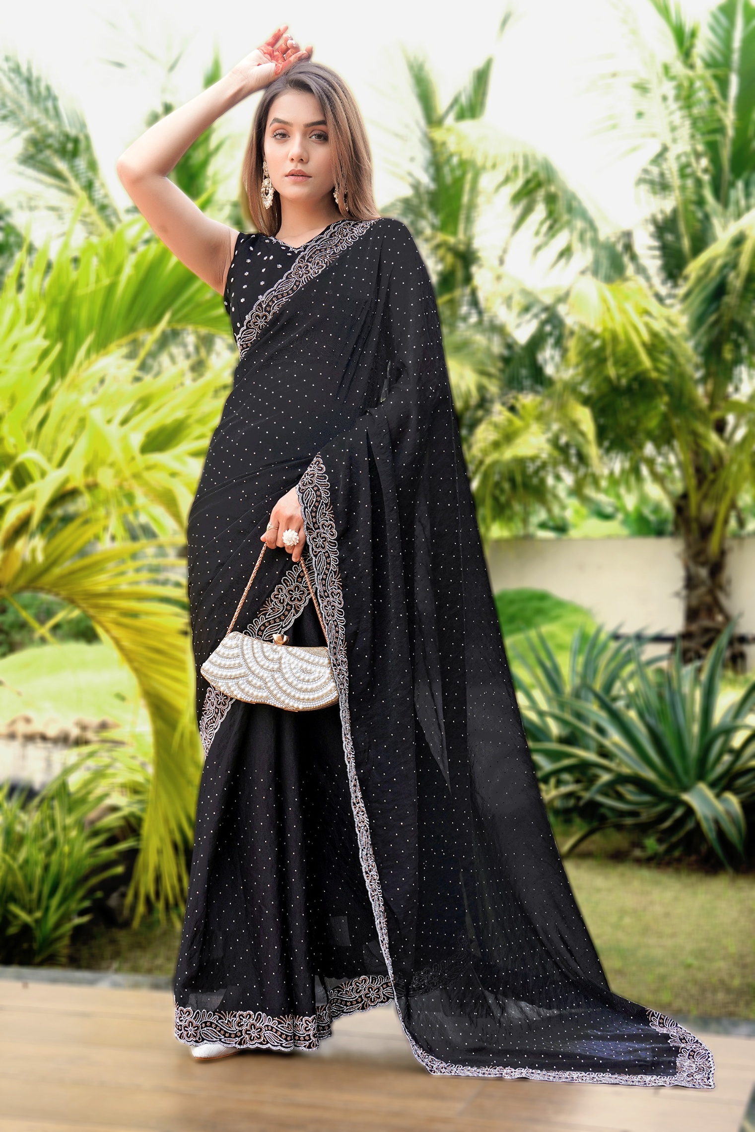Black Georgette Cutwork Diamond Classic Designer Saree