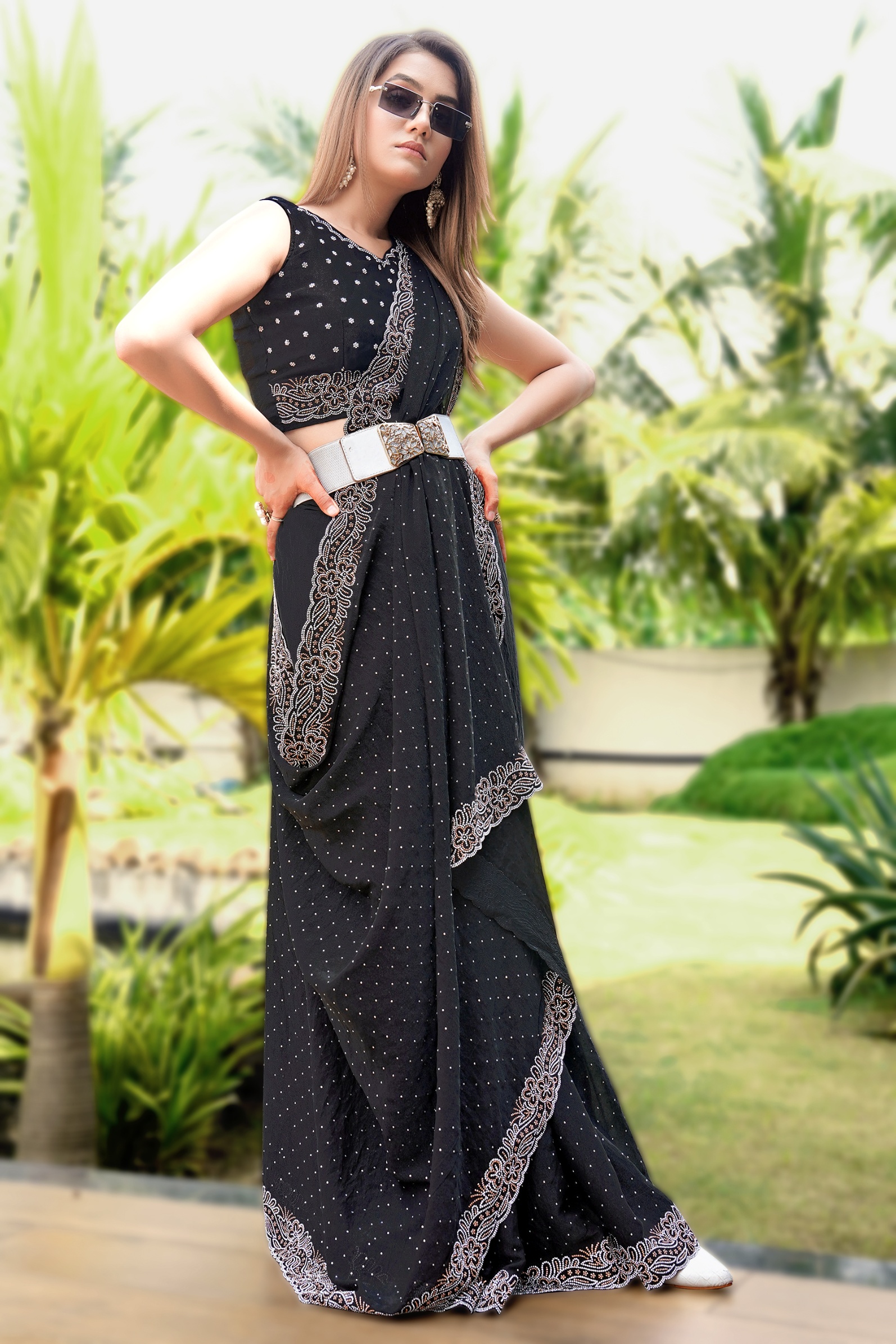 Black Georgette Cutwork Diamond Classic Designer Saree