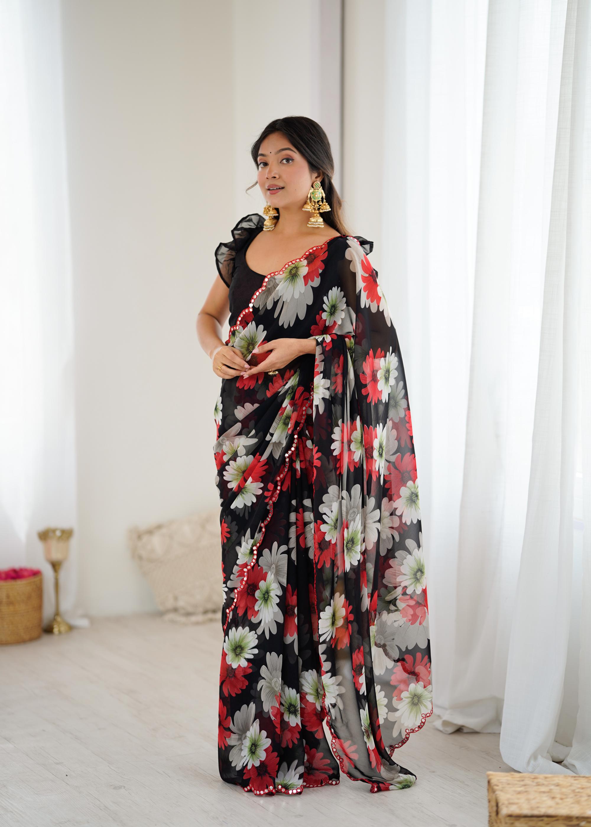 Black Georgette Floral Printed Saree
