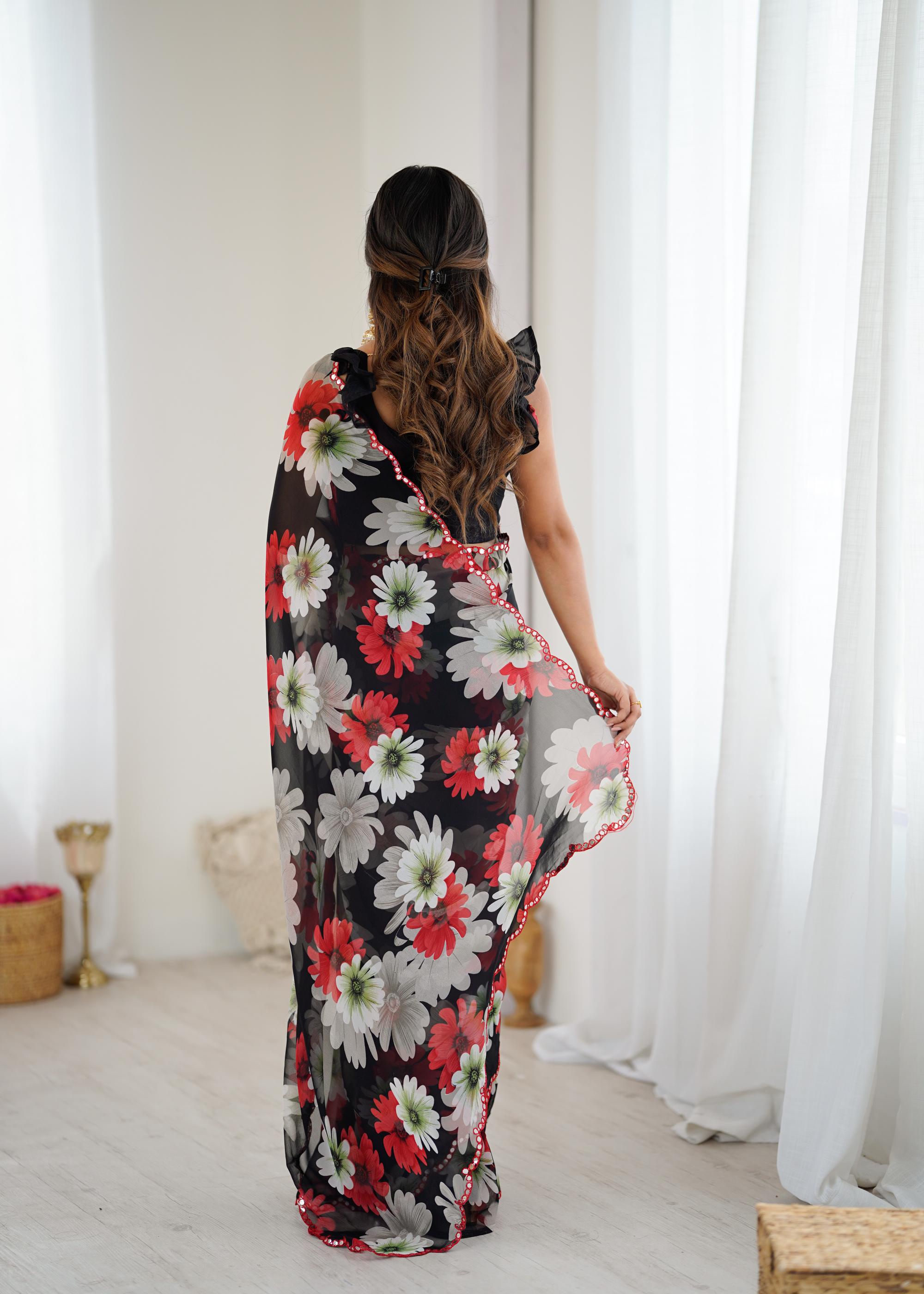 Black Georgette Floral Printed Saree — alternate view