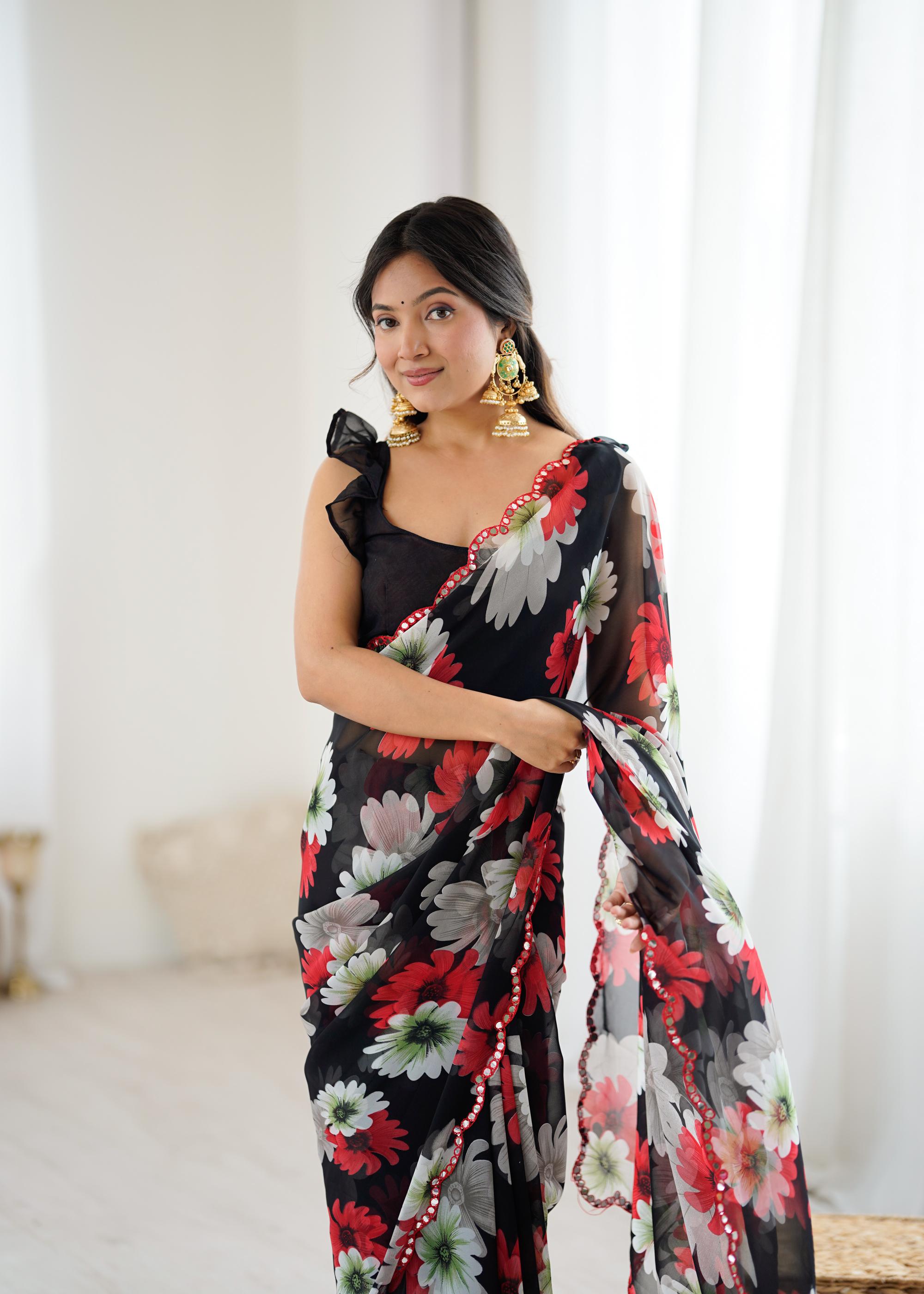 Black Georgette Floral Printed Saree