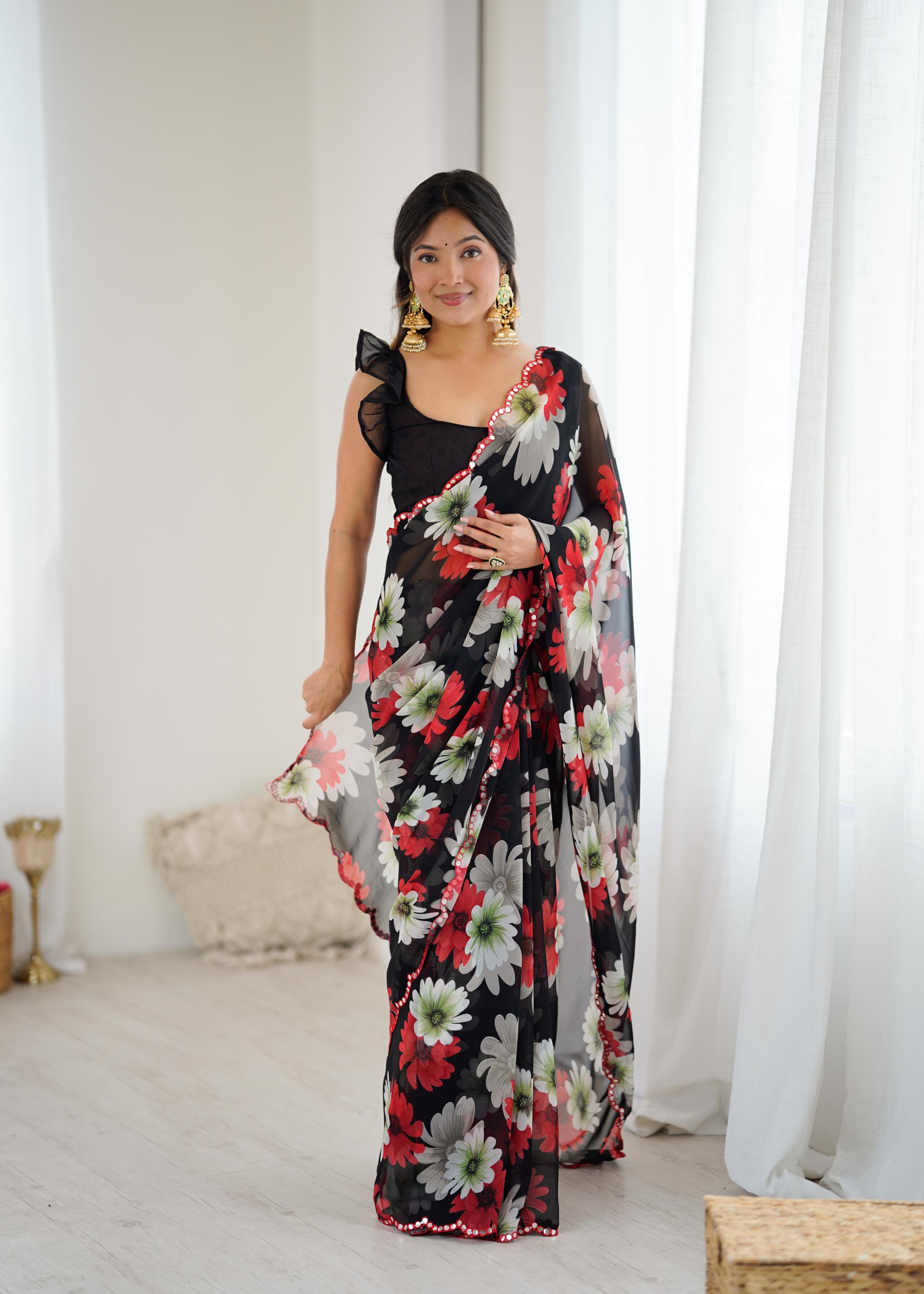 Black Georgette Floral Printed Saree