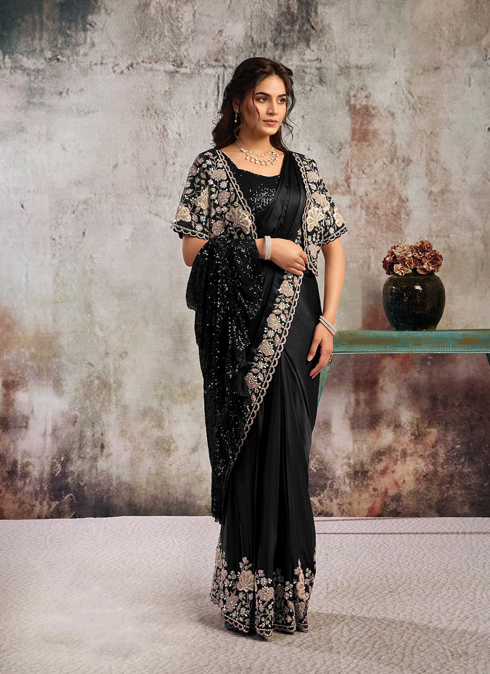 Black Hand Embroidered Lustrous Satin Ready-to-Wear Saree