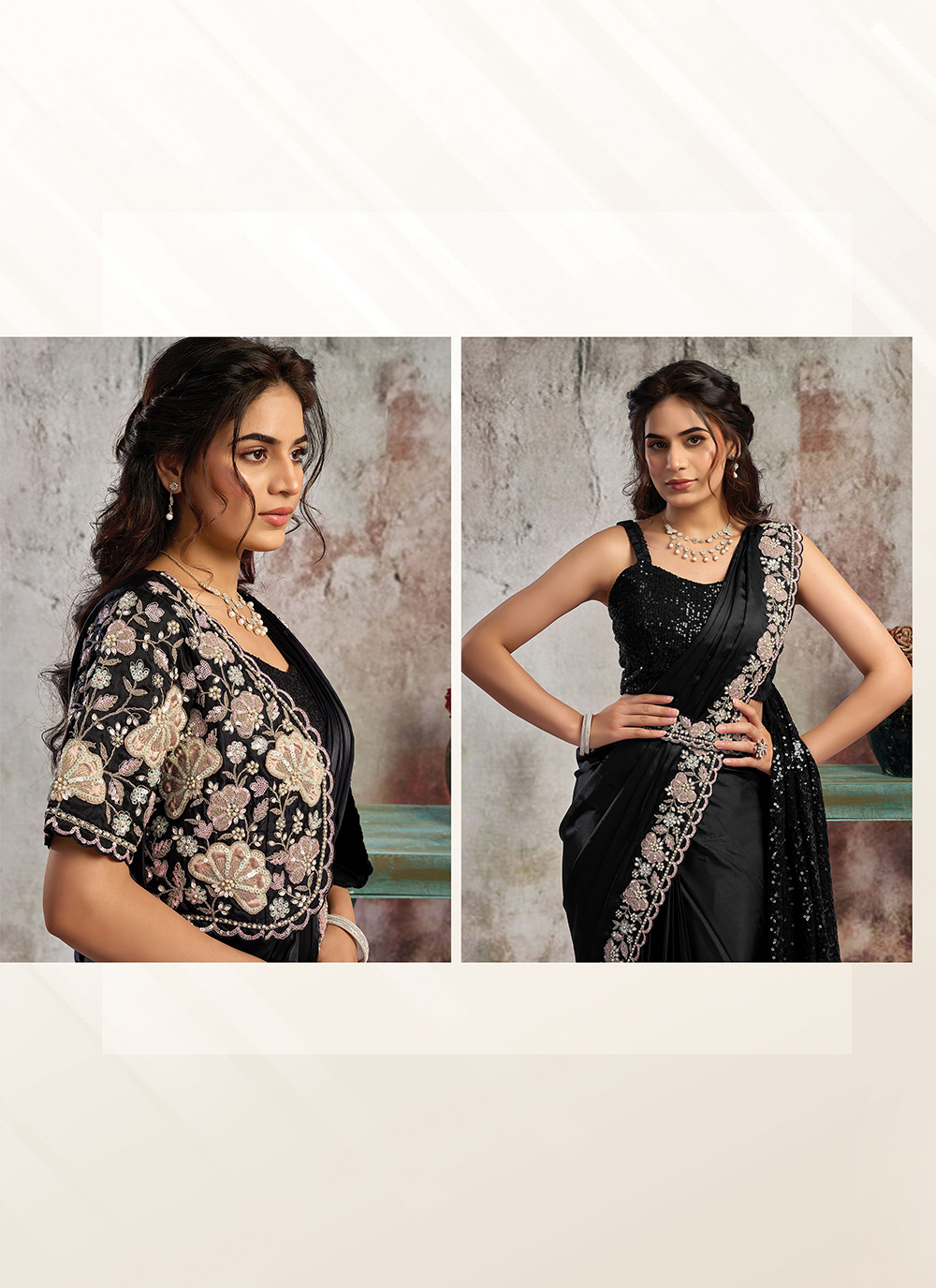 Black Hand Embroidered Lustrous Satin Ready-to-Wear Saree