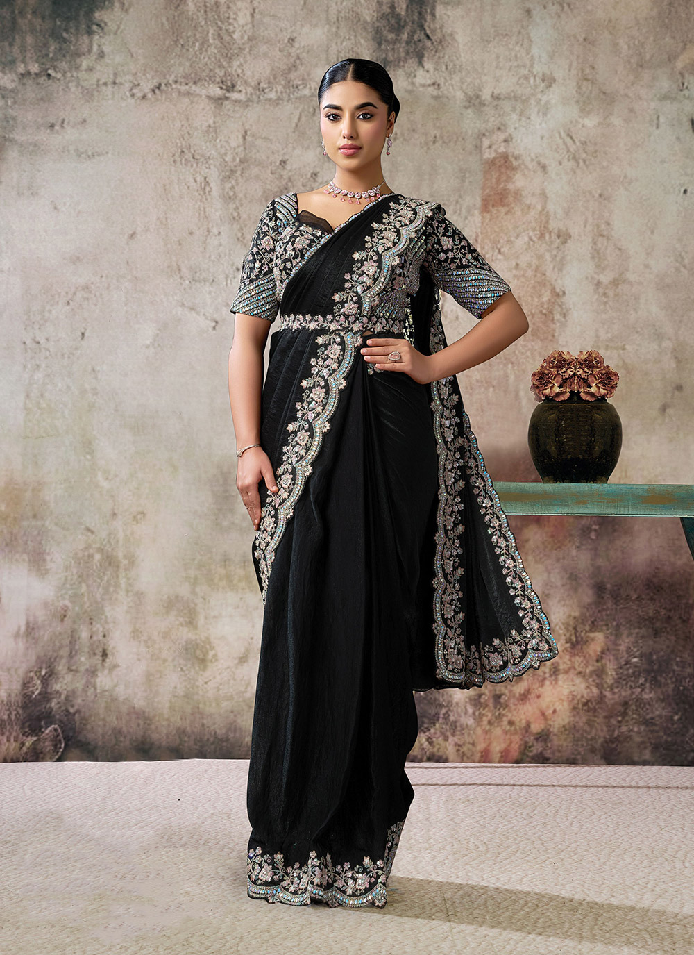 Black Hand Embroidered Two-Tone Satin Silk Ready-to-Wear Saree