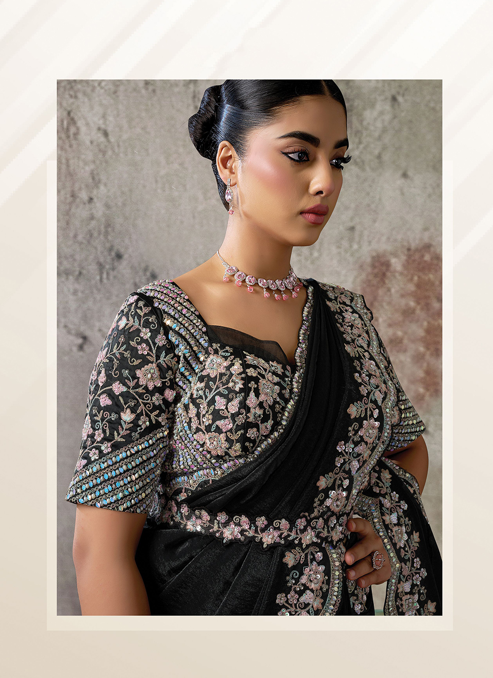 Black Hand Embroidered Two-Tone Satin Silk Ready-to-Wear Saree — alternate view