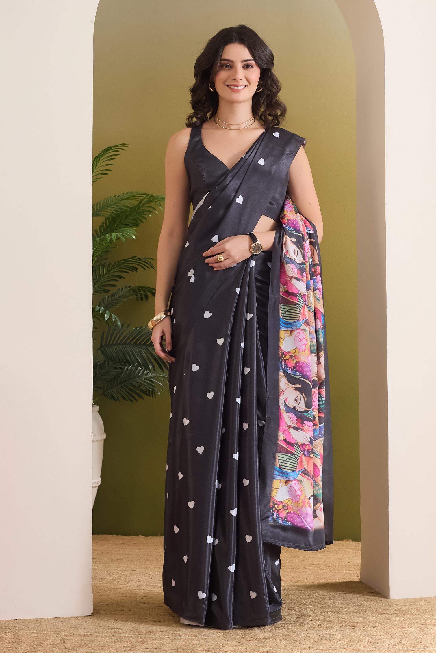 Black Heart Print Ready To Wear Saree