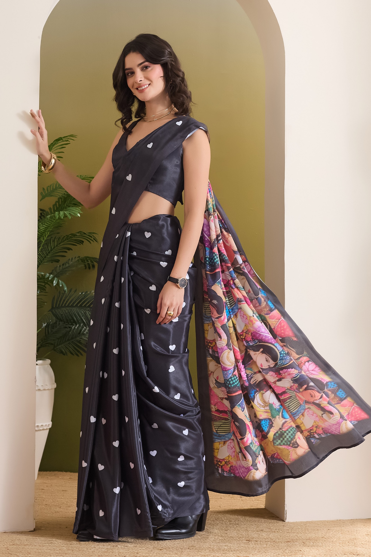 Black Heart Print Ready To Wear Saree