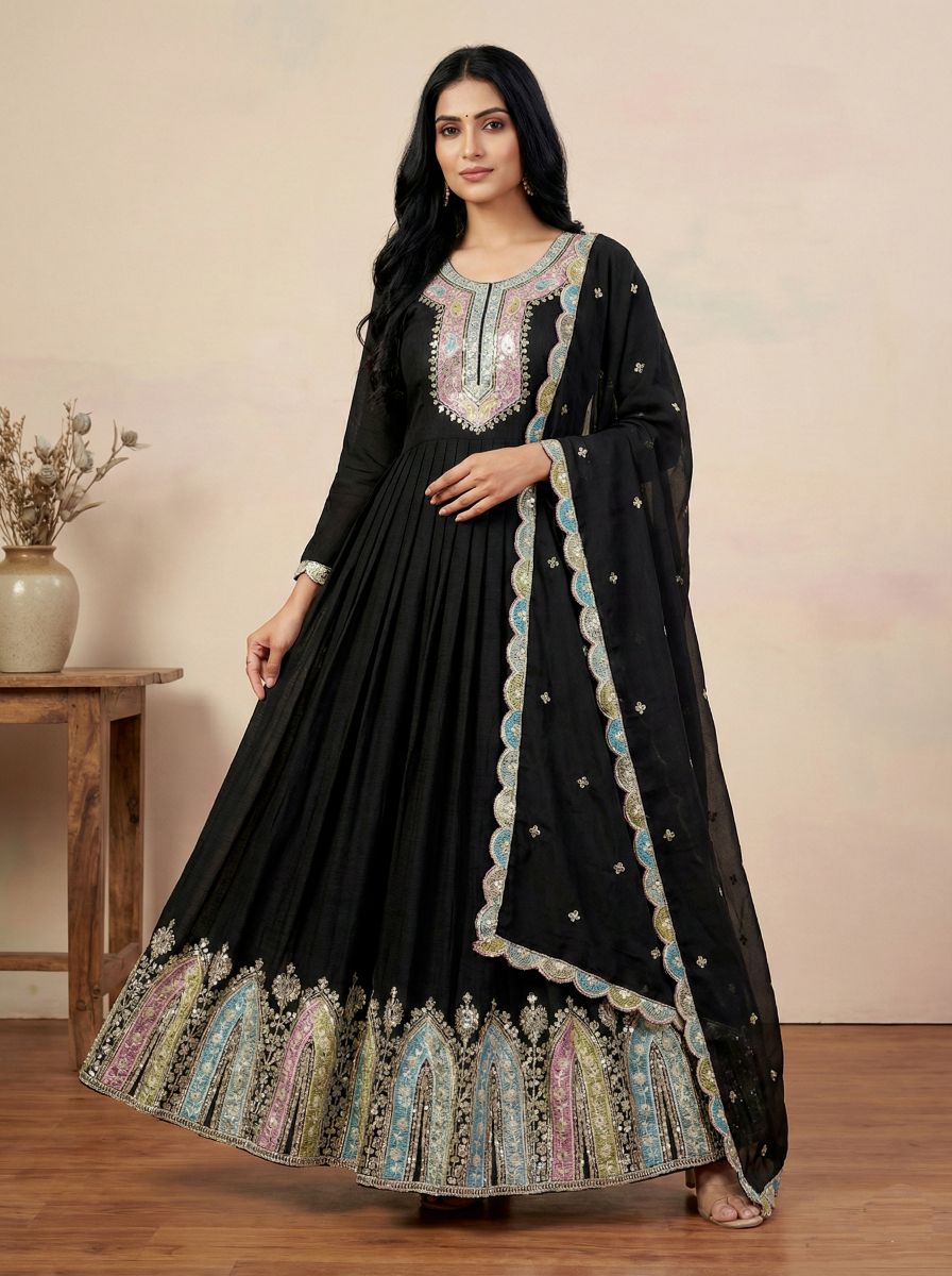 Black Heavy Chinon Silk Multi Thread Embroidered Sequence Anarkali Gown