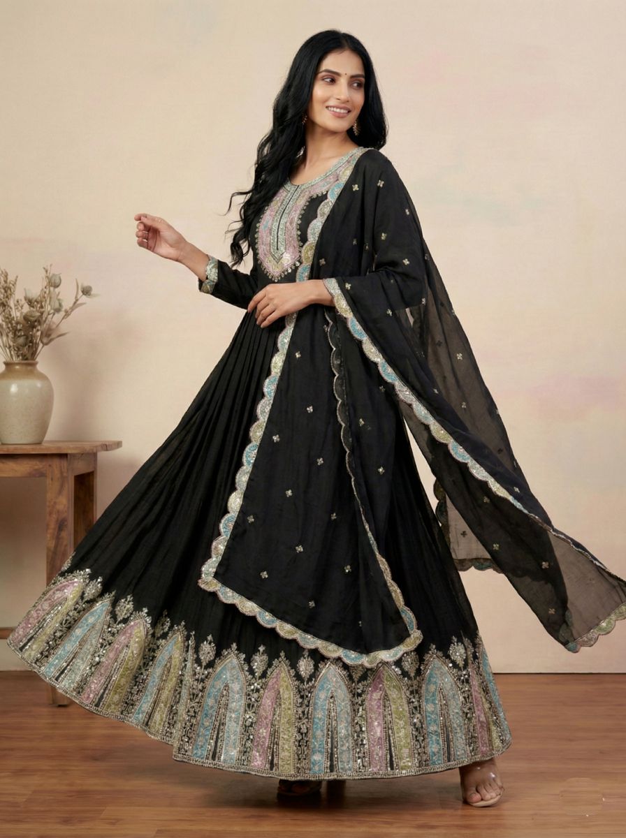 Black Heavy Chinon Silk Multi Thread Embroidered Sequence Anarkali Gown — alternate view