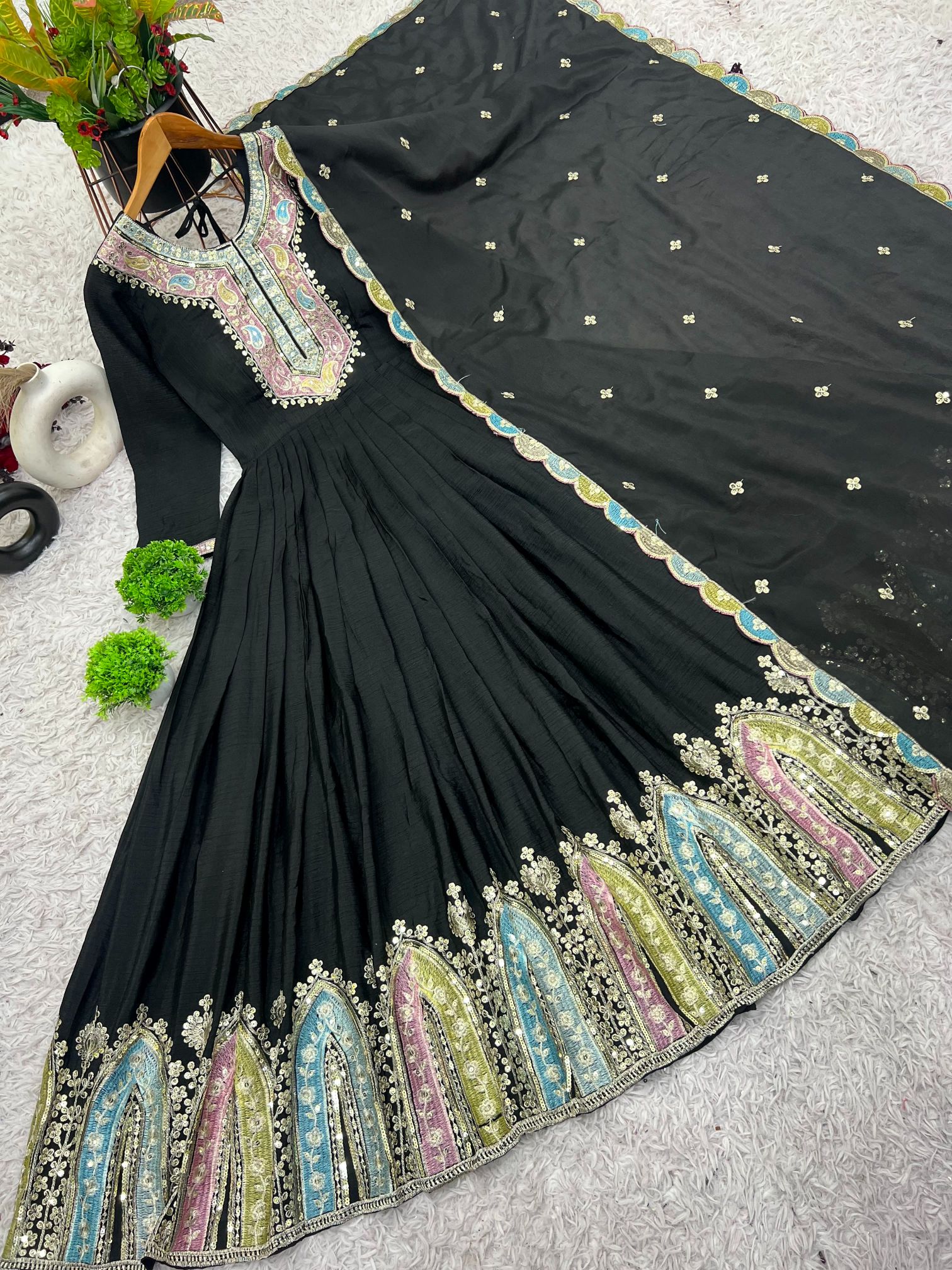 Black Heavy Chinon Silk Multi Thread Embroidered Sequence Anarkali Gown