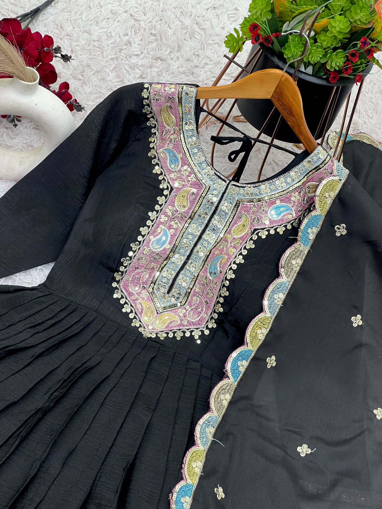 Black Heavy Chinon Silk Multi Thread Embroidered Sequence Anarkali Gown