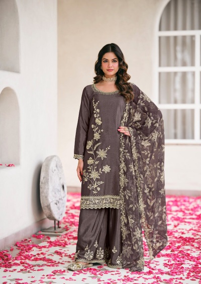 Black Heavy Embroidered Chinon Palazzo Suit