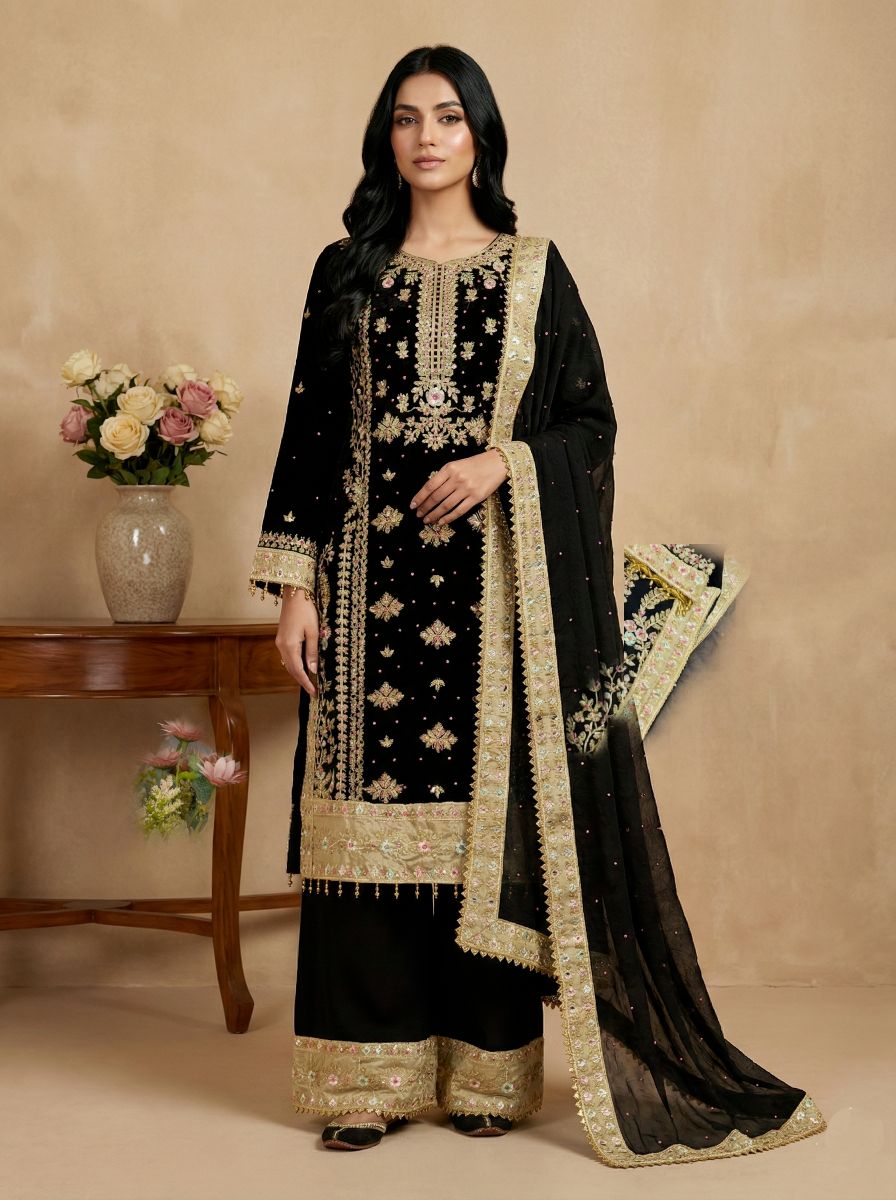 Black Heavy Embroidered Heavy Georgette Sharara Suit with Rivet Moti Work