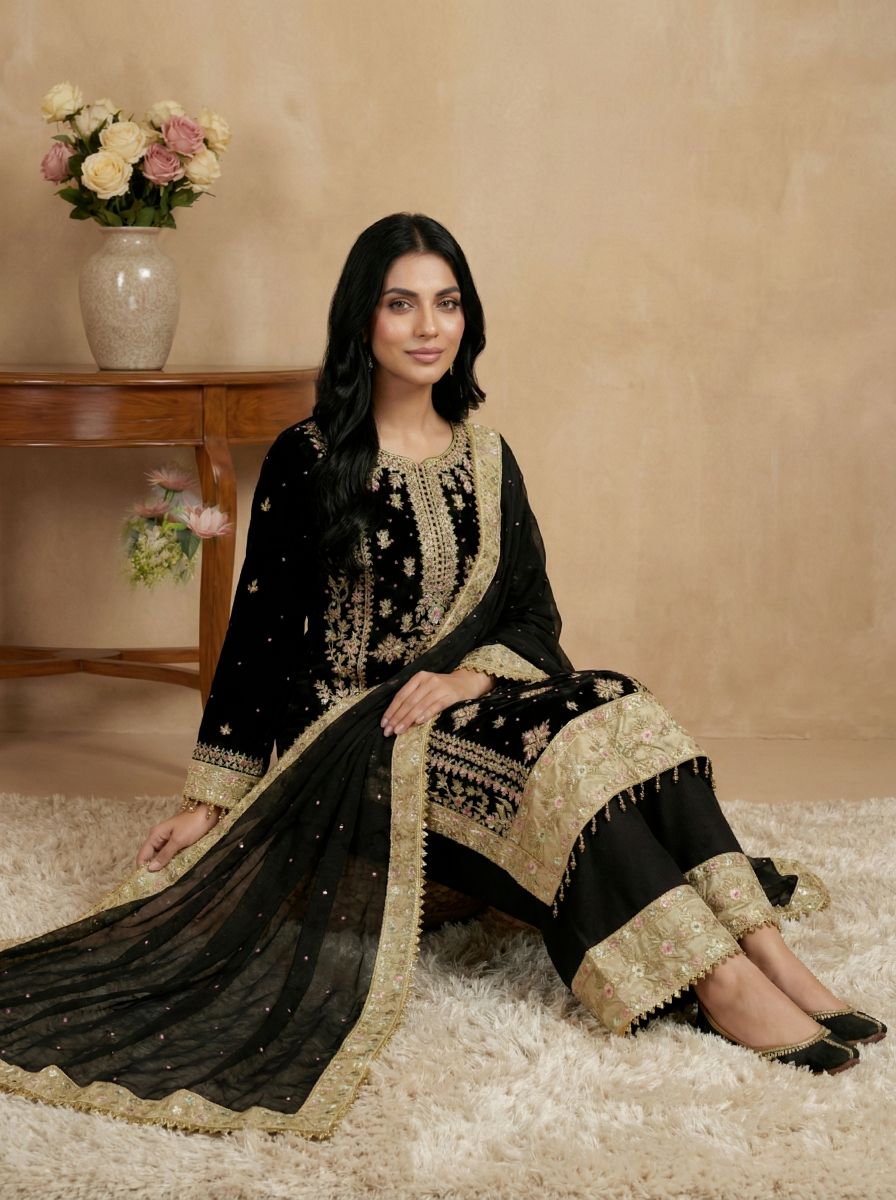 Black Heavy Embroidered Heavy Georgette Sharara Suit with Rivet Moti Work — alternate view