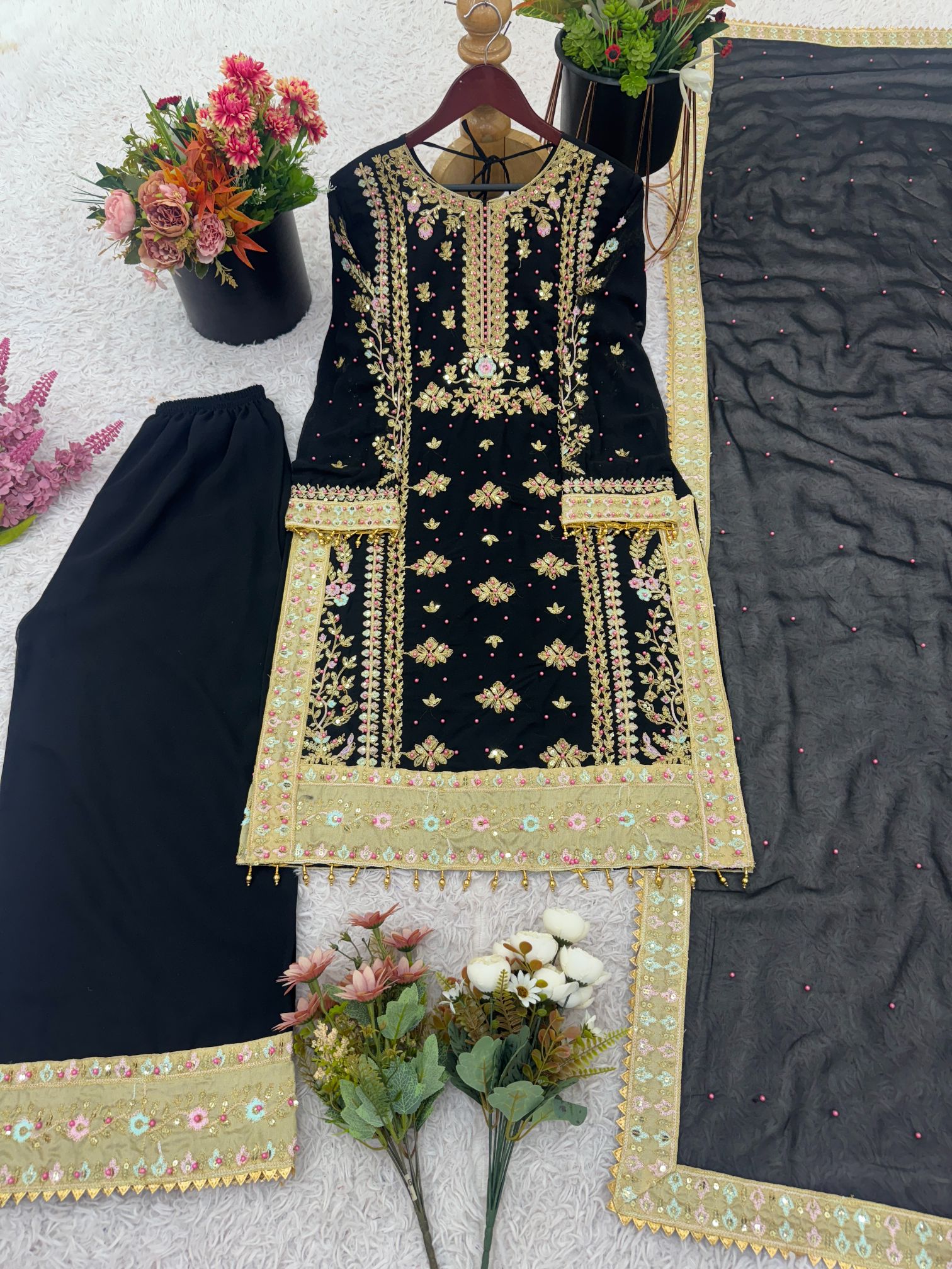 Black Heavy Embroidered Heavy Georgette Sharara Suit with Rivet Moti Work