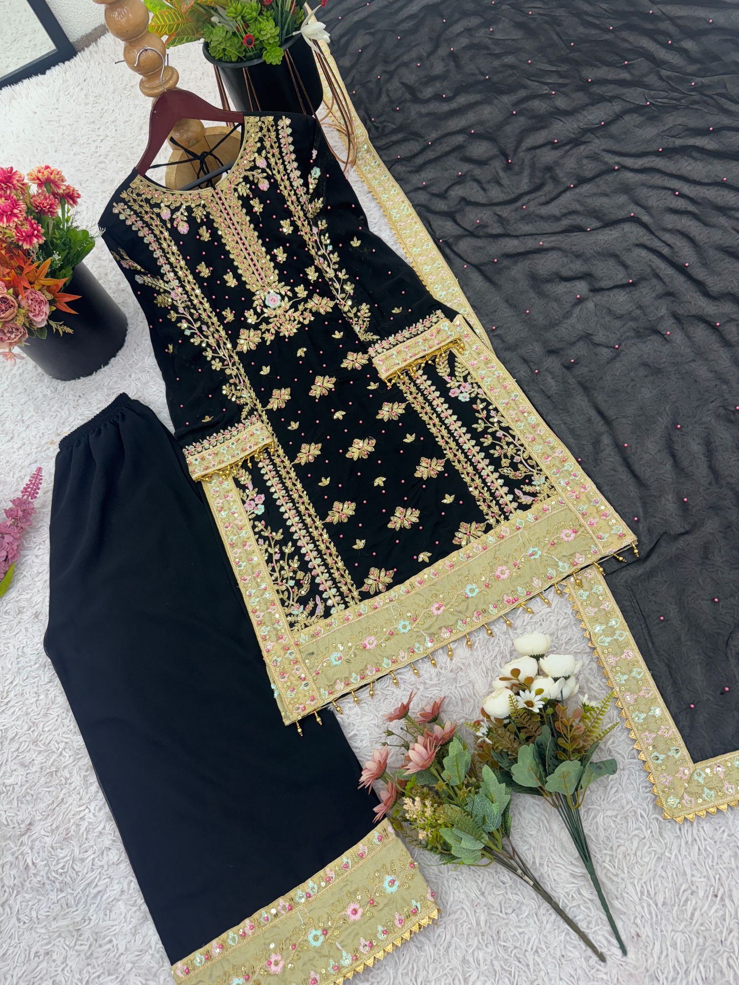 Black Heavy Embroidered Heavy Georgette Sharara Suit with Rivet Moti Work