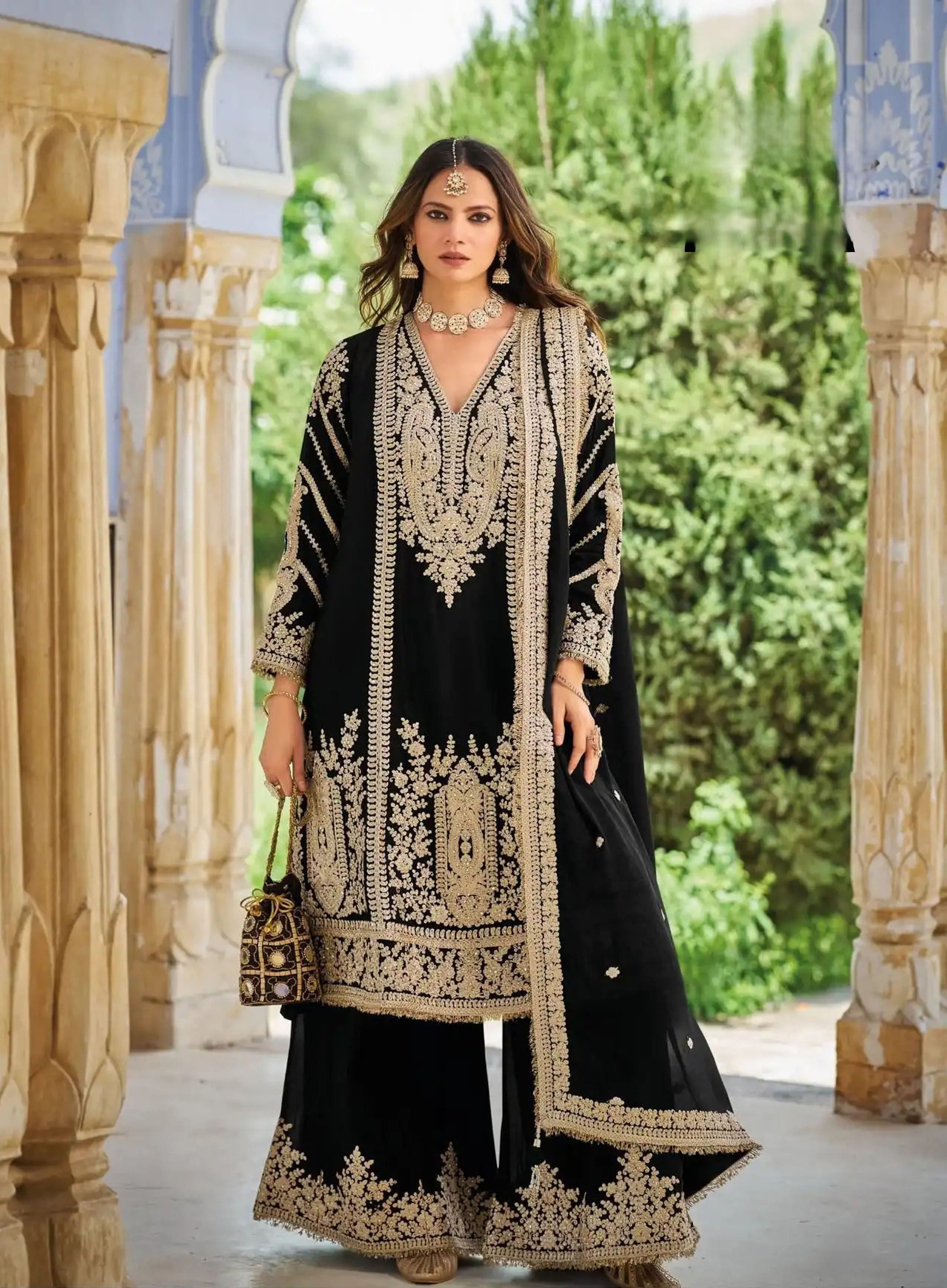 Black Heavy Embroidery Chinon Palazzo Suit