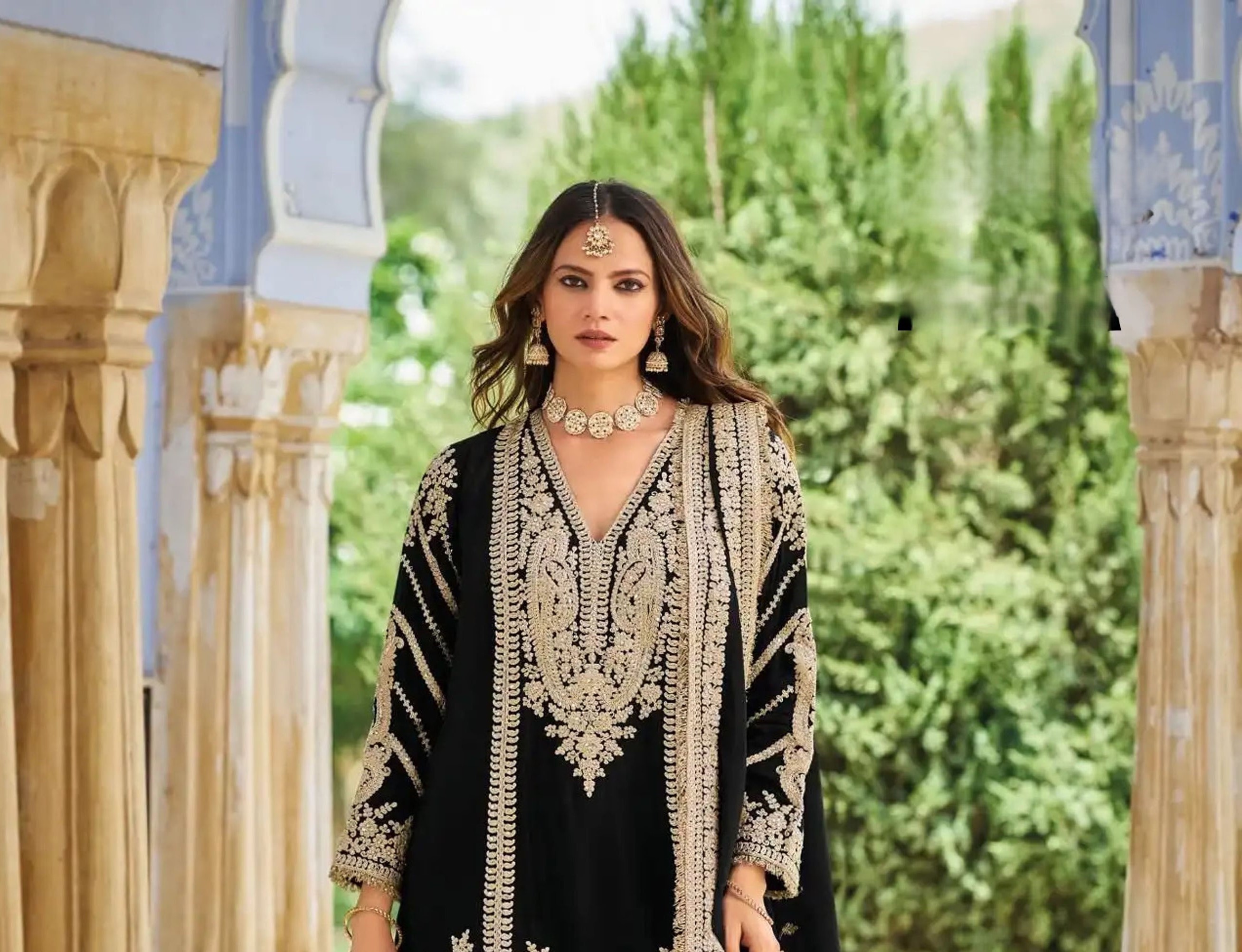 Black Heavy Embroidery Chinon Palazzo Suit — alternate view