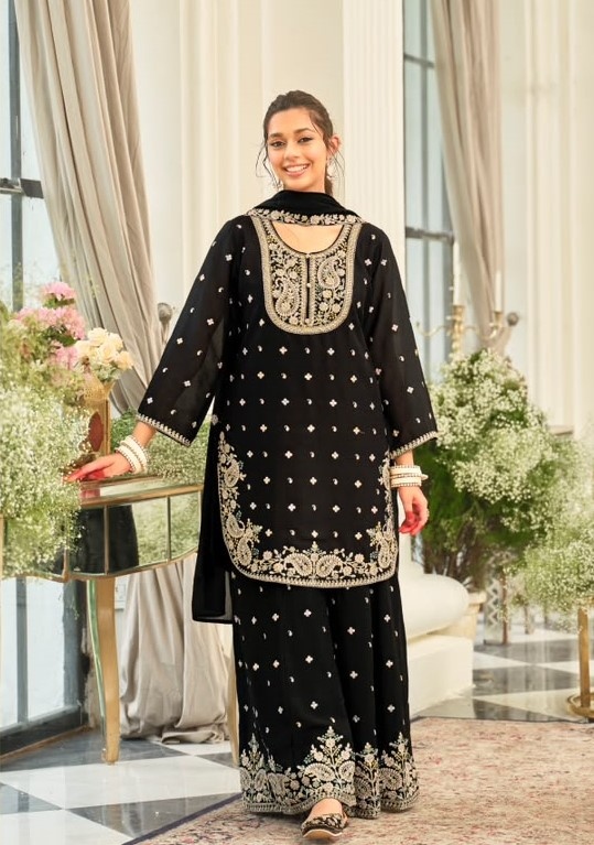 Black Heavy Embroidery Chinon Palazzo Suit