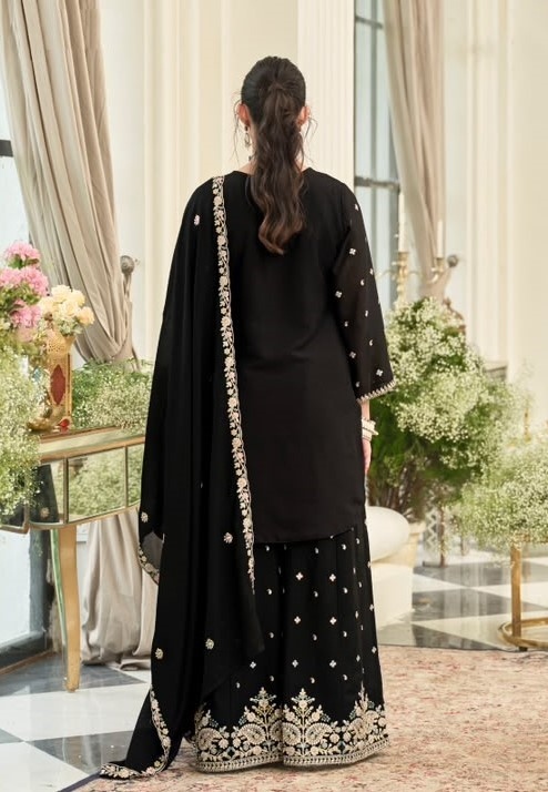 Black Heavy Embroidery Chinon Palazzo Suit — alternate view