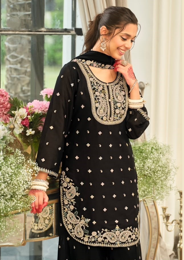 Black Heavy Embroidery Chinon Palazzo Suit