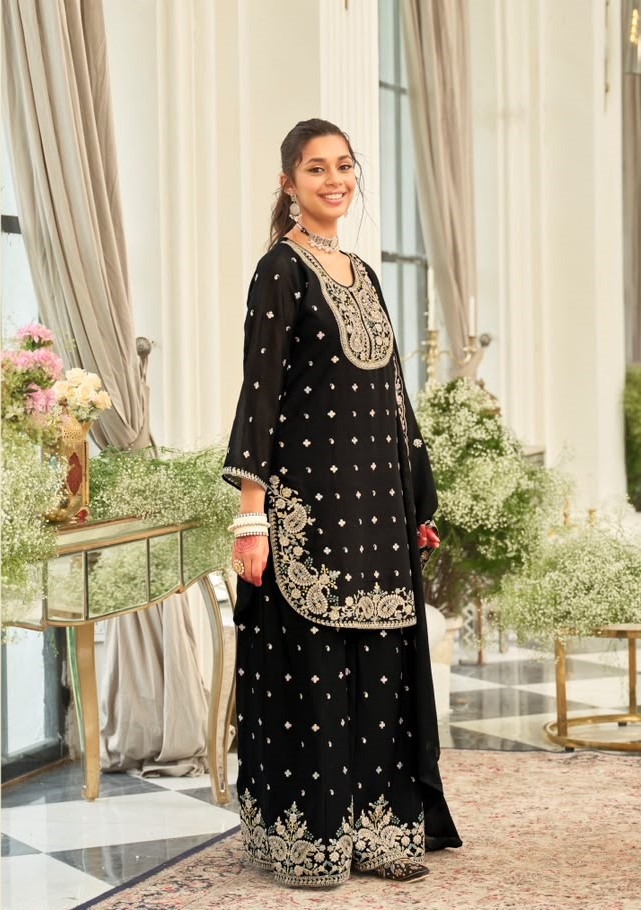 Black Heavy Embroidery Chinon Palazzo Suit