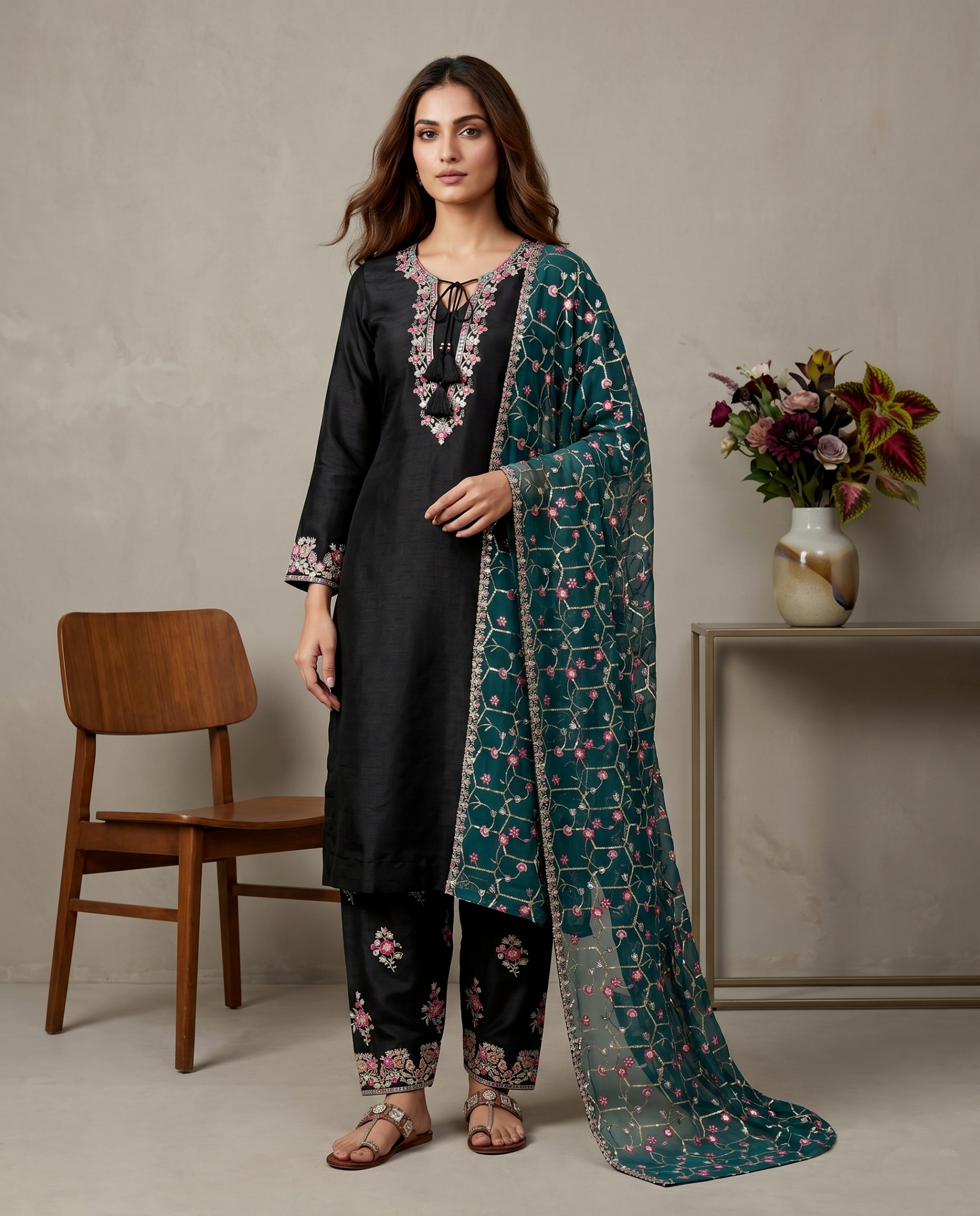 Black Heavy Embroidery Sequins Glass Silk Sharara Suit