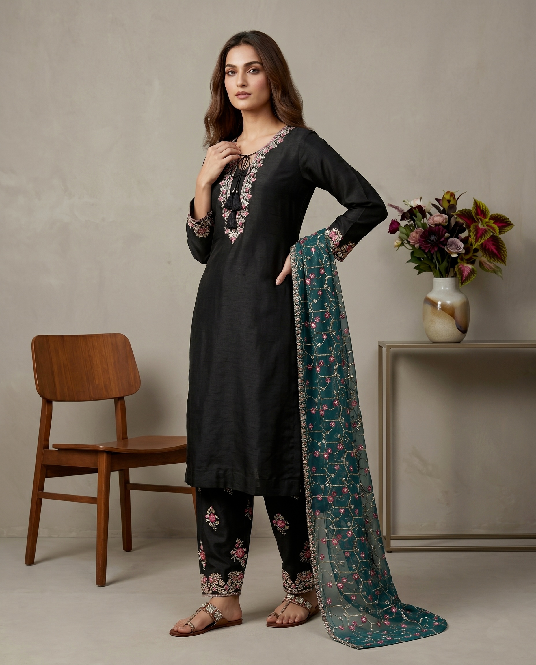 Black Heavy Embroidery Sequins Glass Silk Sharara Suit — alternate view