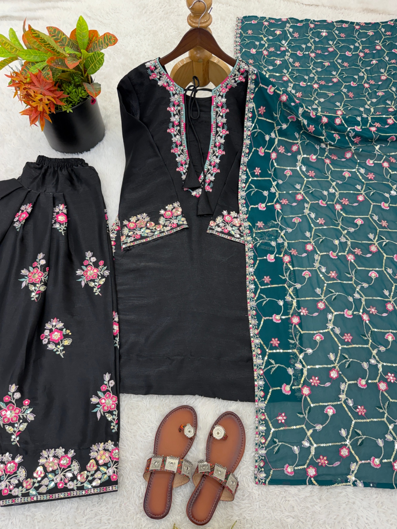 Black Heavy Embroidery Sequins Glass Silk Sharara Suit