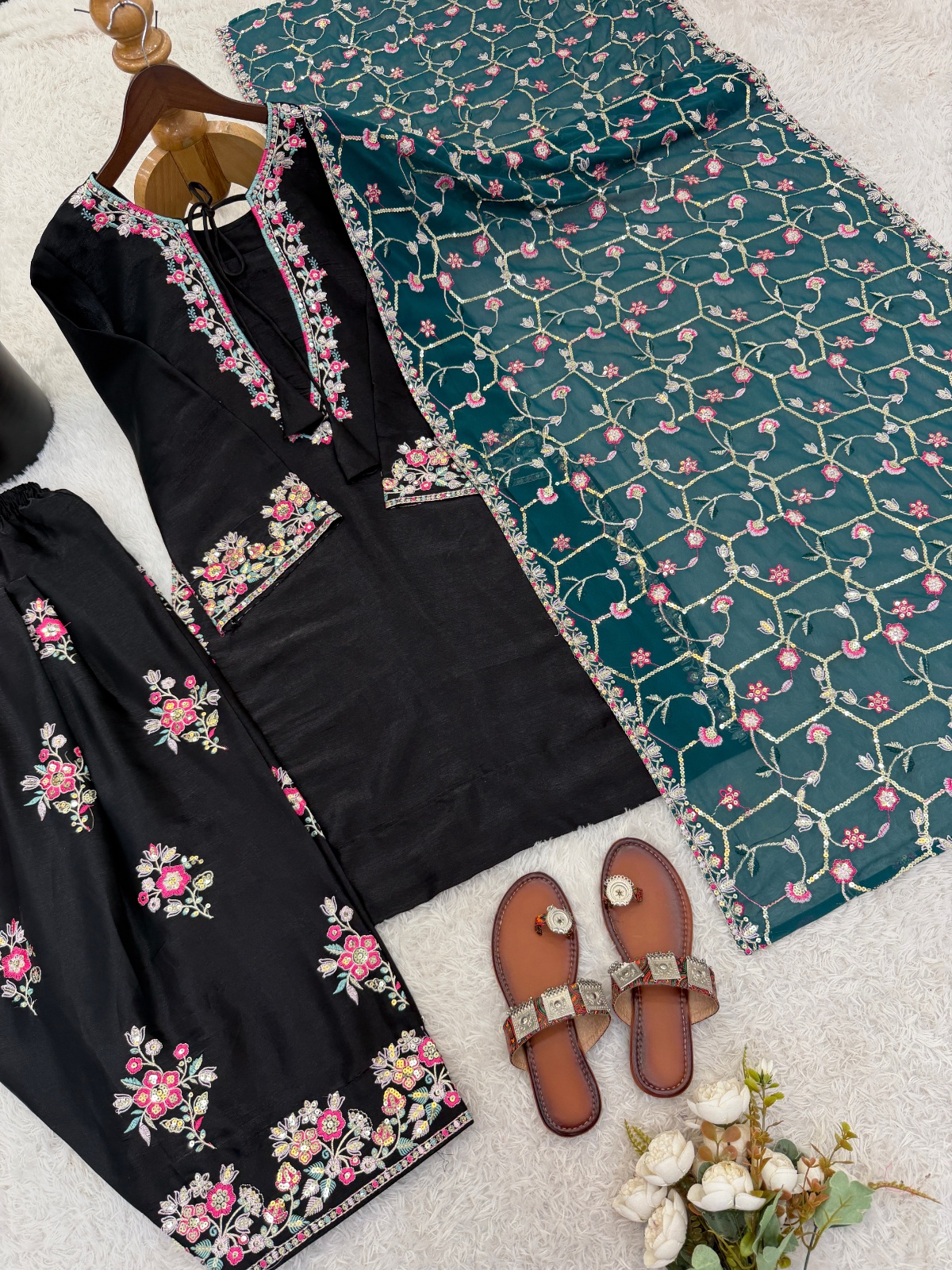 Black Heavy Embroidery Sequins Glass Silk Sharara Suit